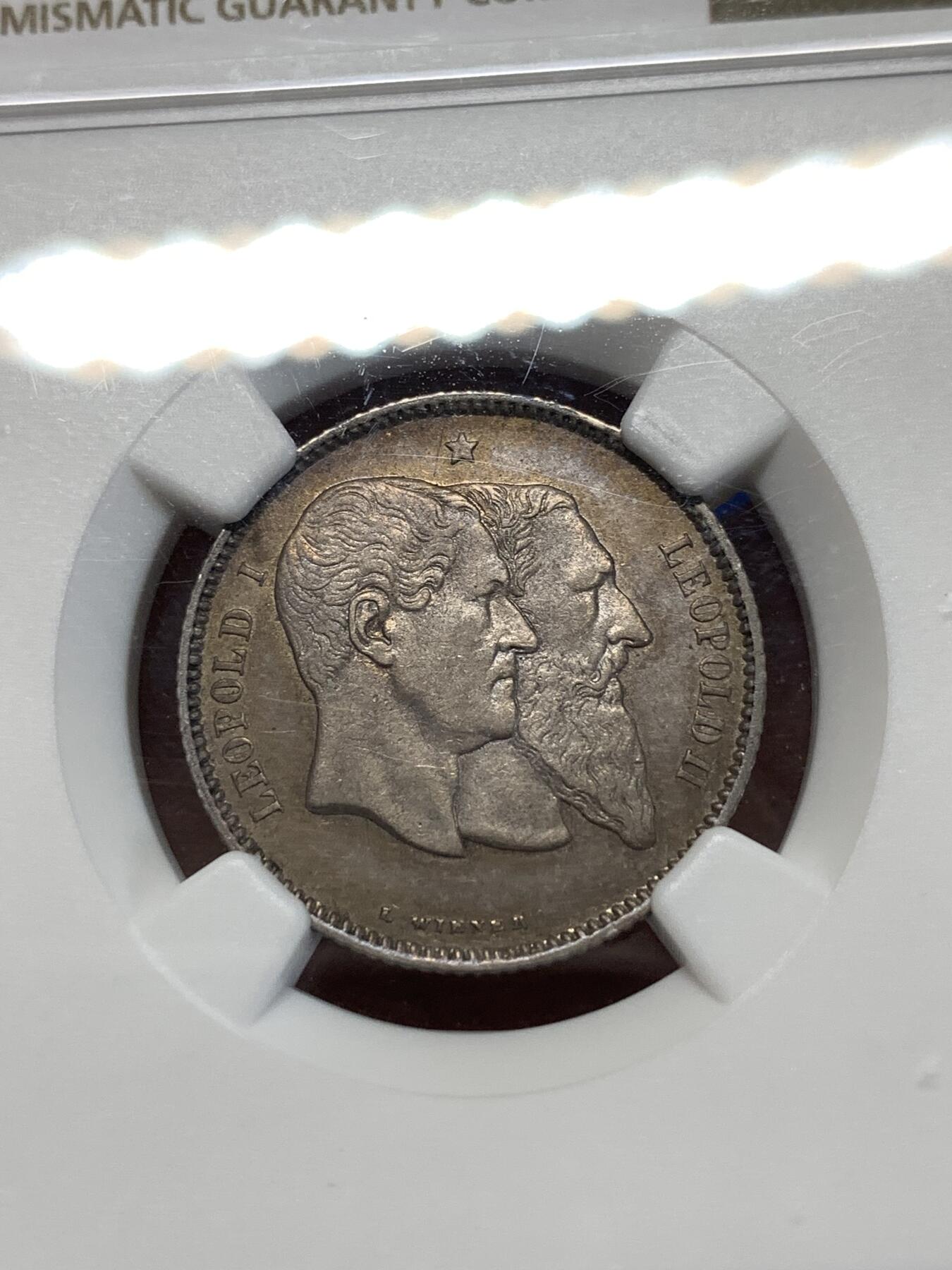 《竞宝斋》第276场- 周日，周一 2场连拍 （全场包邮） NGC AU53 比利时1880年建国50周年纪念1法郎银币，数量较少