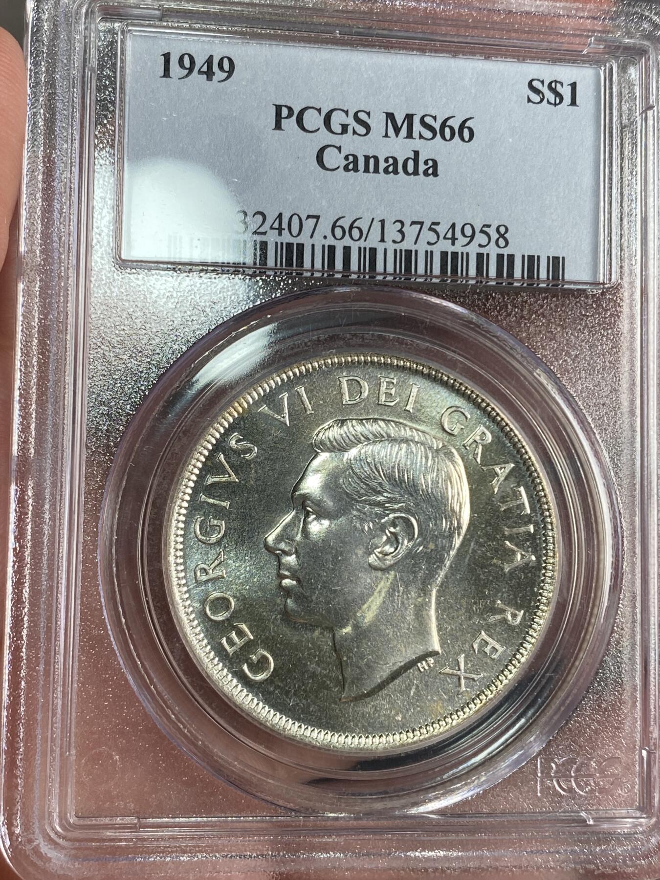 【麦稀奇世界钱币展】万国钱币拍卖第027期（五月端阳●万国夏季大拍） PCGS MS66 1949年加拿大乔治六世帆船1元大银币 老白盒高分