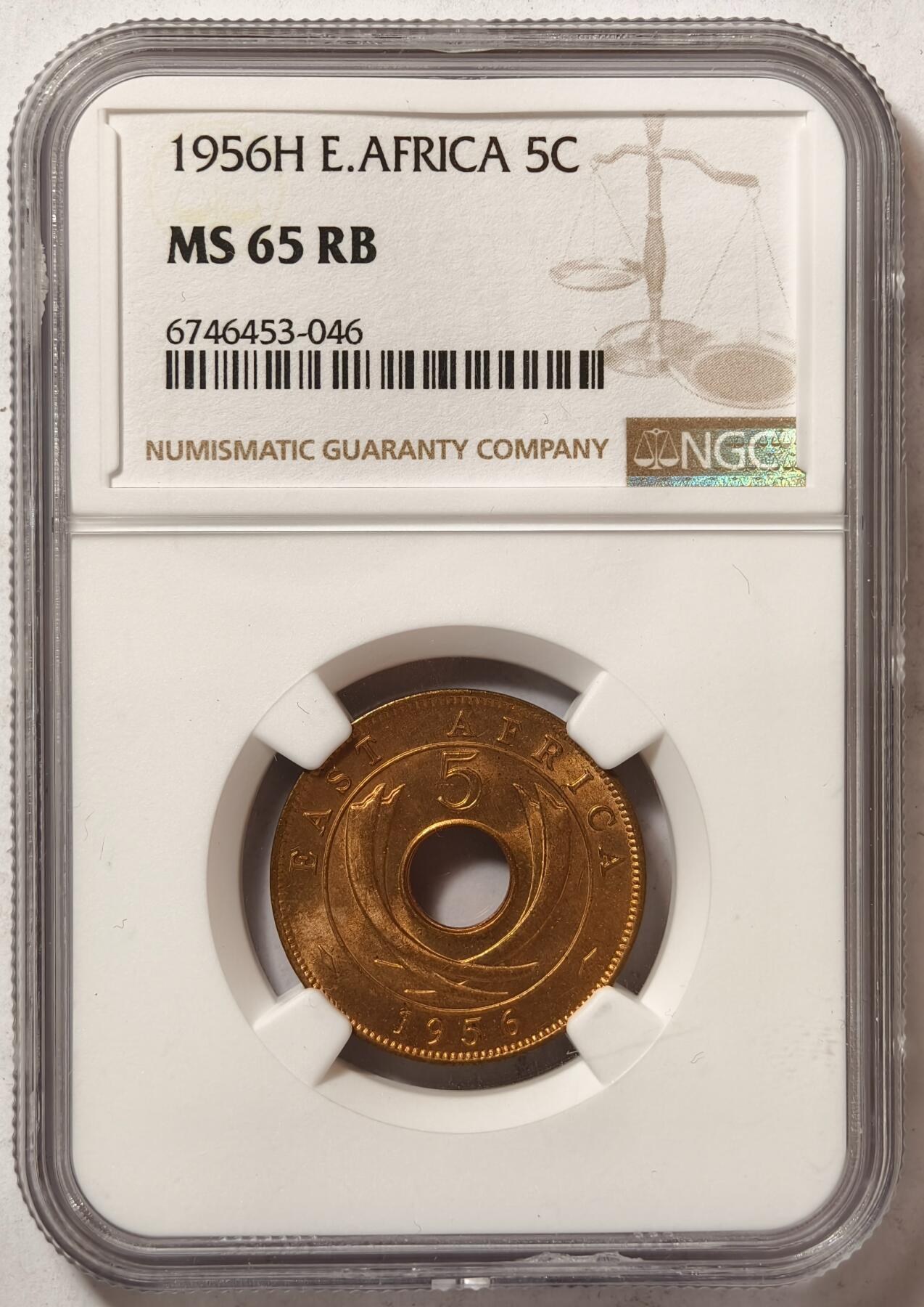 紫瑗钱币——第362期拍卖 英属东非 1956年 H版 伊丽莎白二世 5分 红铜币 NGC MS65 RB