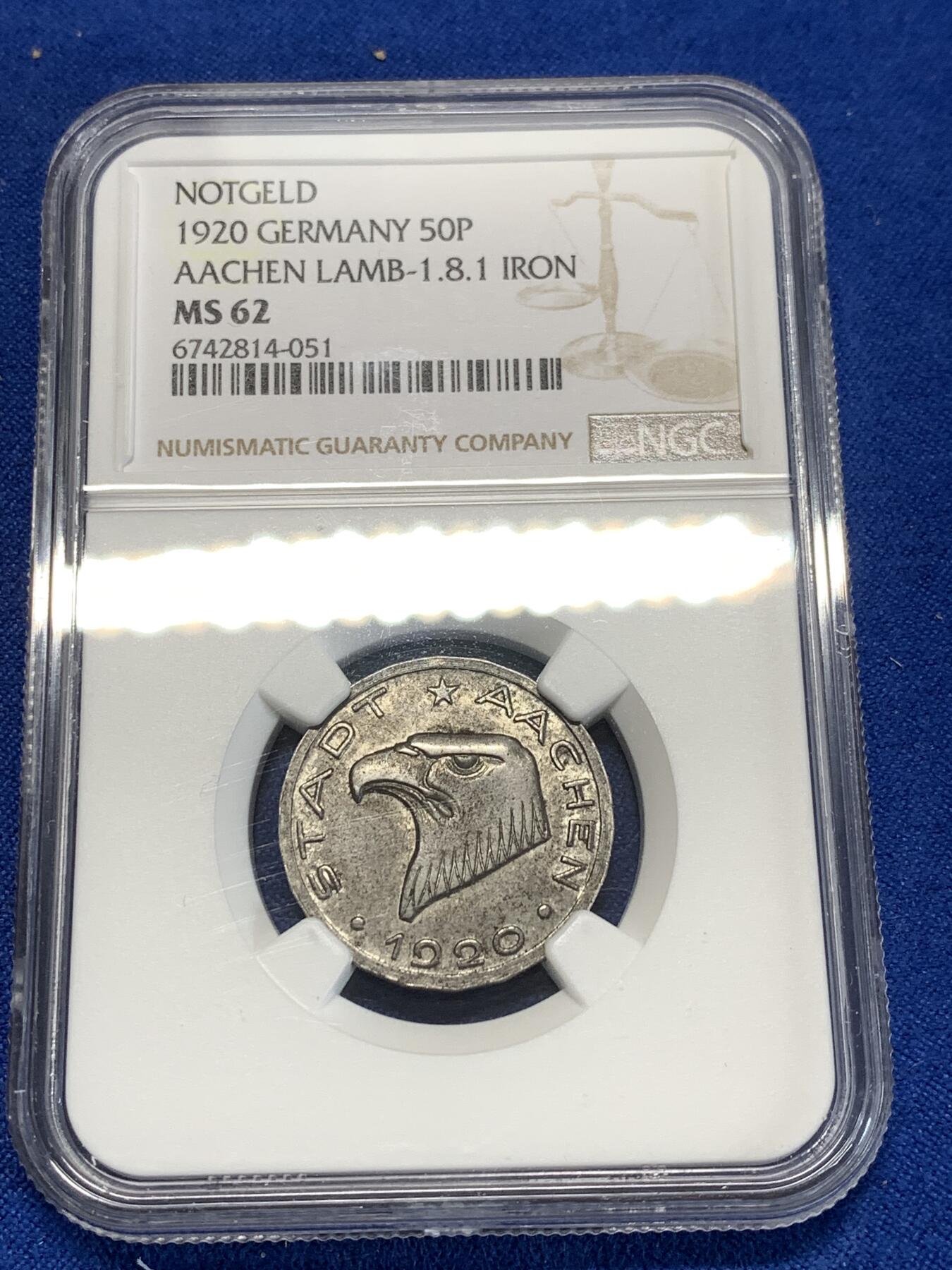《竞宝斋》第276场- 周日，周一 2场连拍 （全场包邮） NGC MS62 德紧亚琛 1920年鹰头 50芬尼 铁币