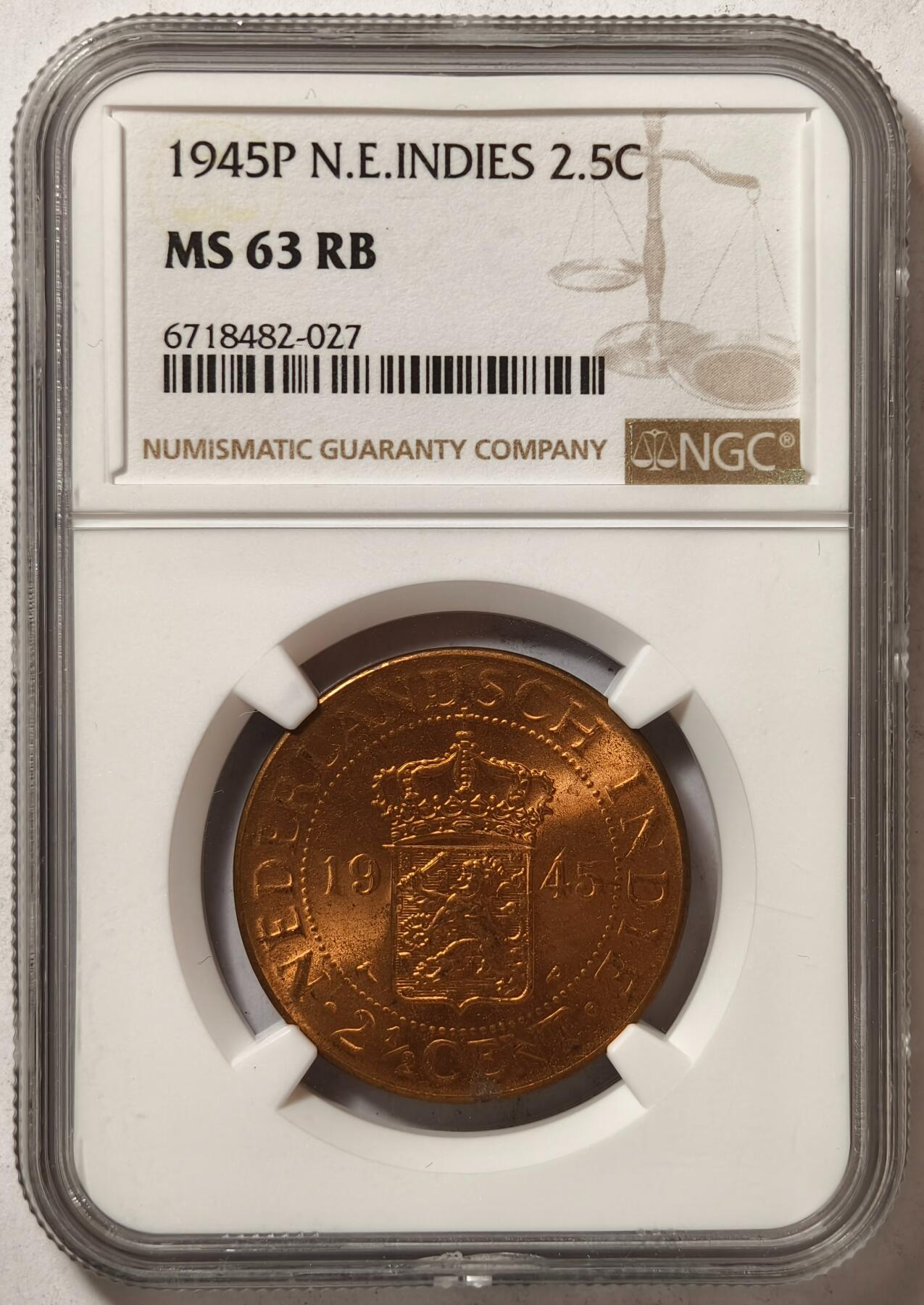 紫瑗钱币——第362期拍卖 荷属东印度 1945年 P版 2.5分 铜币 NGC MS63 RB