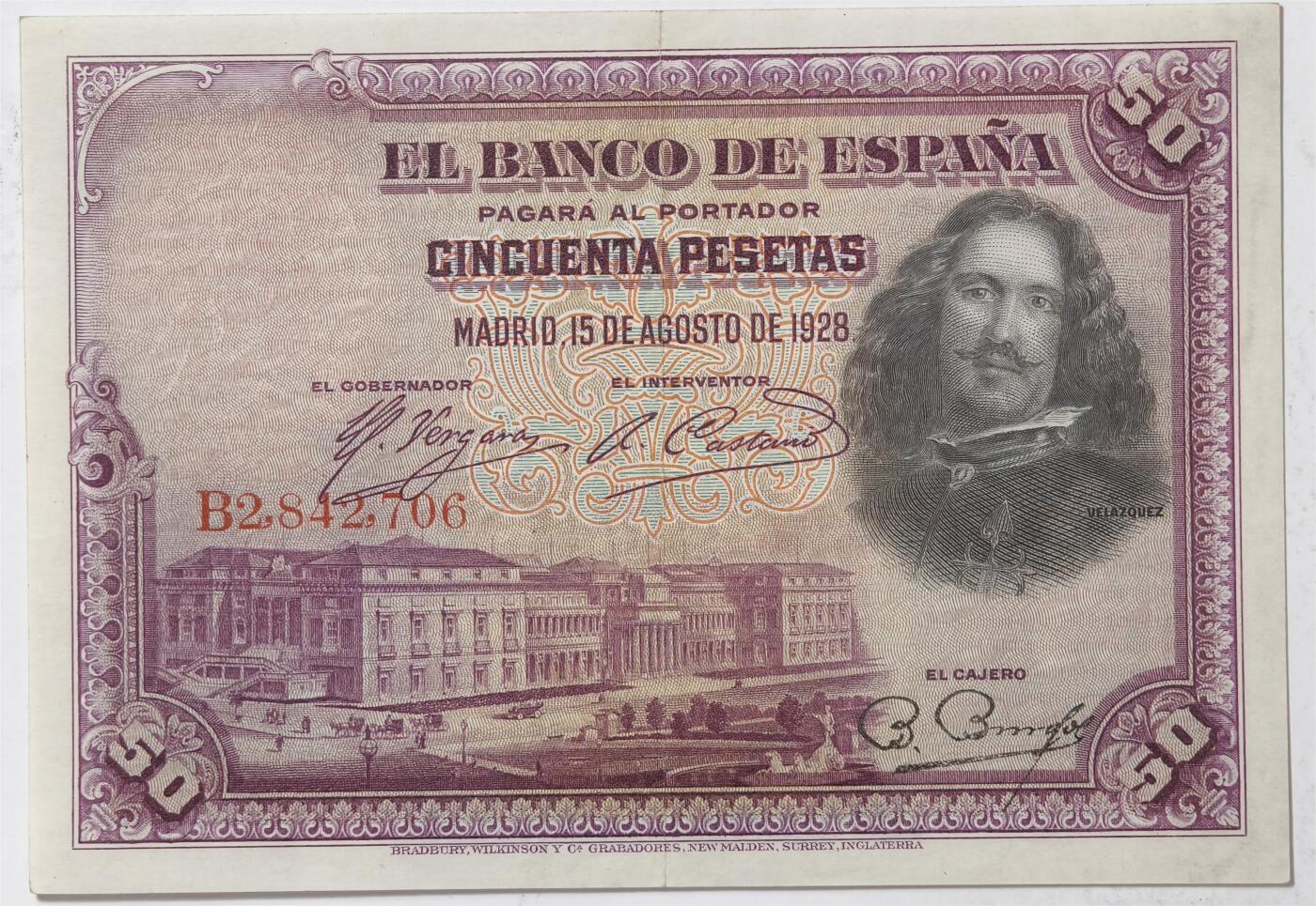 紫瑗钱币——第361期拍卖——纸币场 西班牙 1928年 油画《布雷达的献城》50比塞塔 UNC- 有折