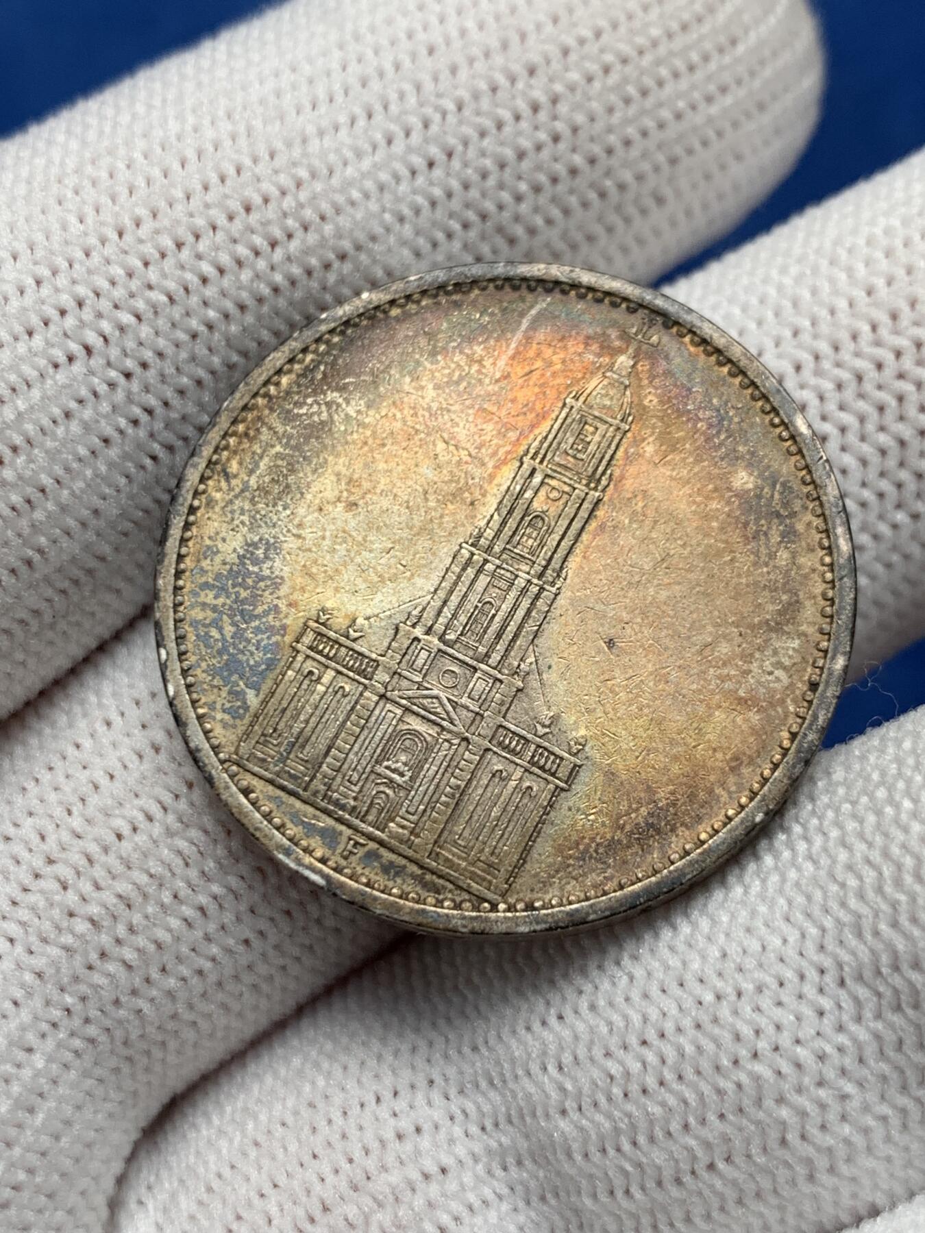 《竞宝斋》第276场- 周日，周一 2场连拍 （全场包邮） 1934年德国教堂5马克银币 双面重彩 细节见图