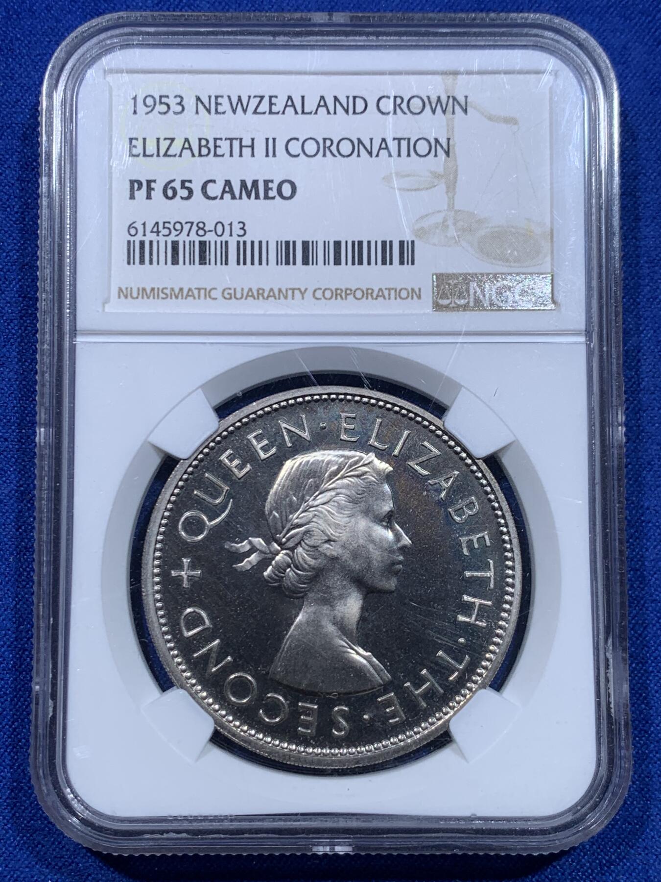 《竞宝斋》第276场- 周日，周一 2场连拍 （全场包邮） NGC PF65CAMEO 新西兰1953年伊丽莎白二世登基精制1克朗