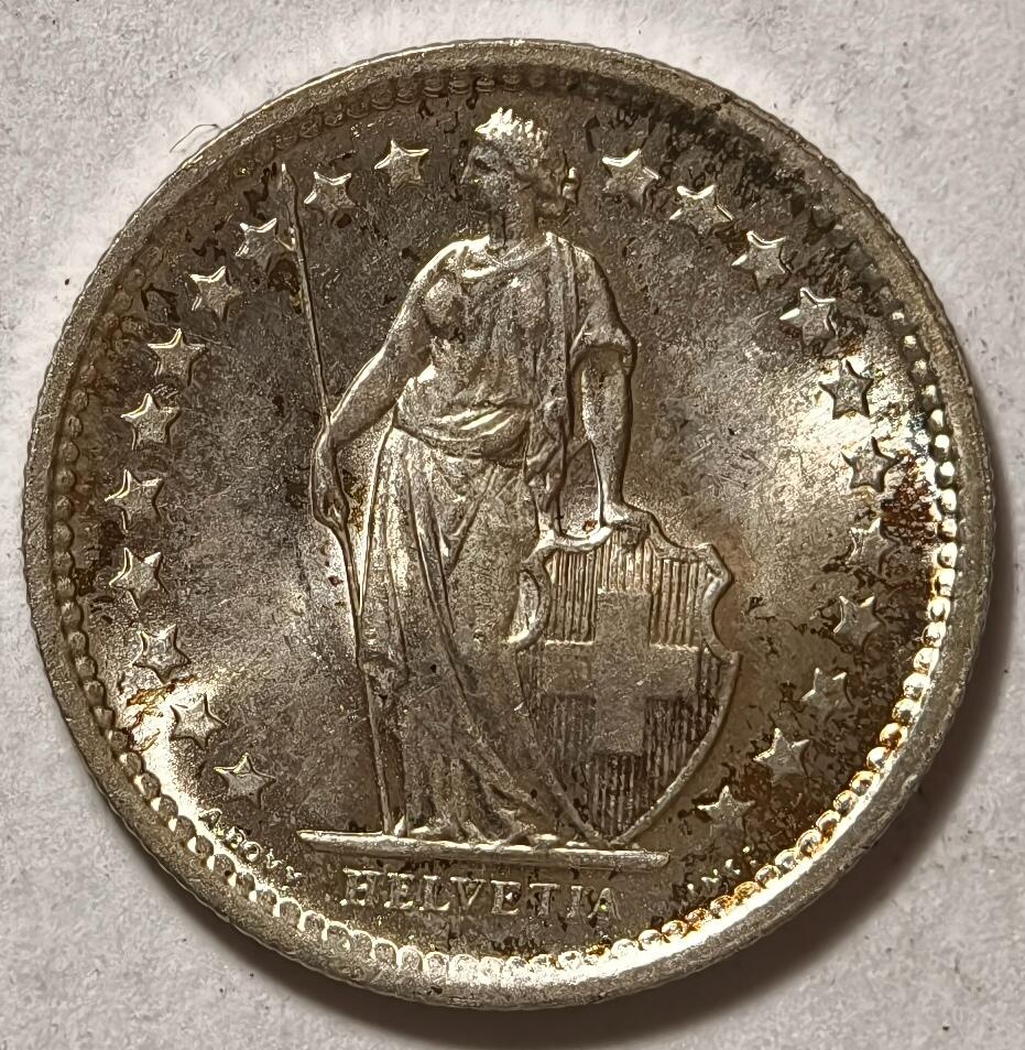 紫瑗钱币——第362期拍卖 瑞士 1967年 B版 赫尔维蒂女神 1/2法郎 2.5克 0.835银 UNC 