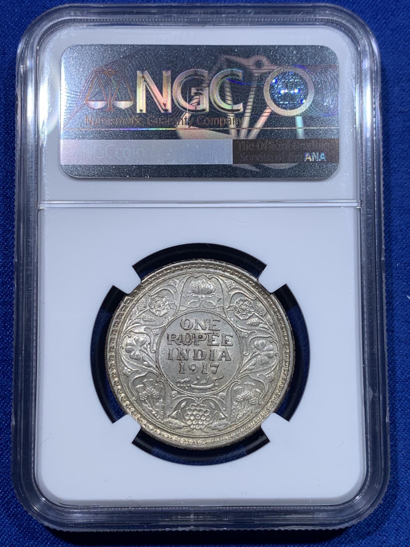 《竞宝斋》第276场- 周日，周一 2场连拍 （全场包邮） NGC MS64 英属印度1917C乔治五世银卢比，原味淡彩，非白币可比。高分稀少，更高分仅6枚。英系+亚殖主币，高分潜力品种