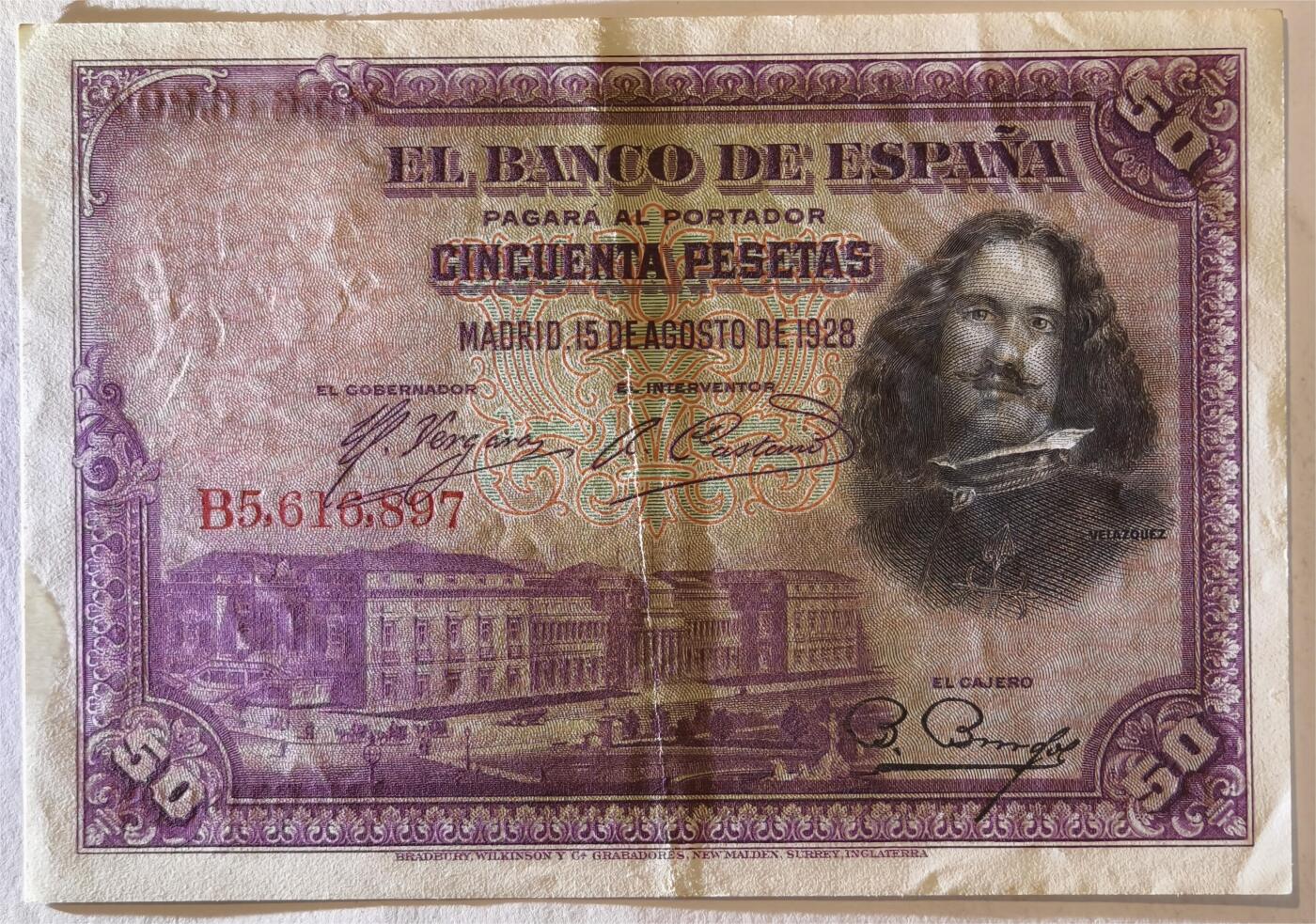 紫瑗钱币——第361期拍卖——纸币场 西班牙 1928年 油画《布雷达的献城》50比塞塔 UNC- 有折