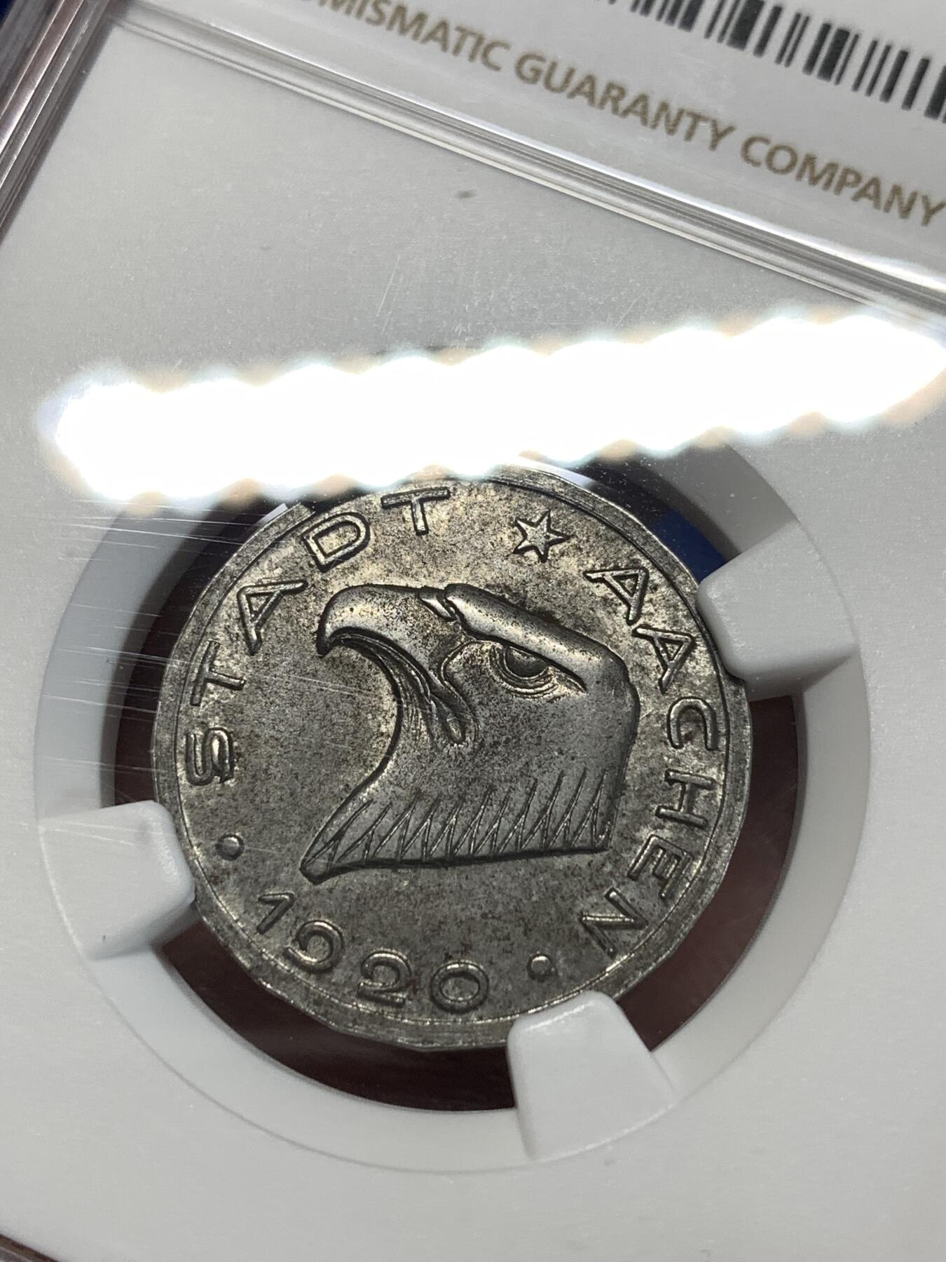 《竞宝斋》第276场- 周日，周一 2场连拍 （全场包邮） NGC MS62 德紧亚琛 1920年鹰头 50芬尼 铁币