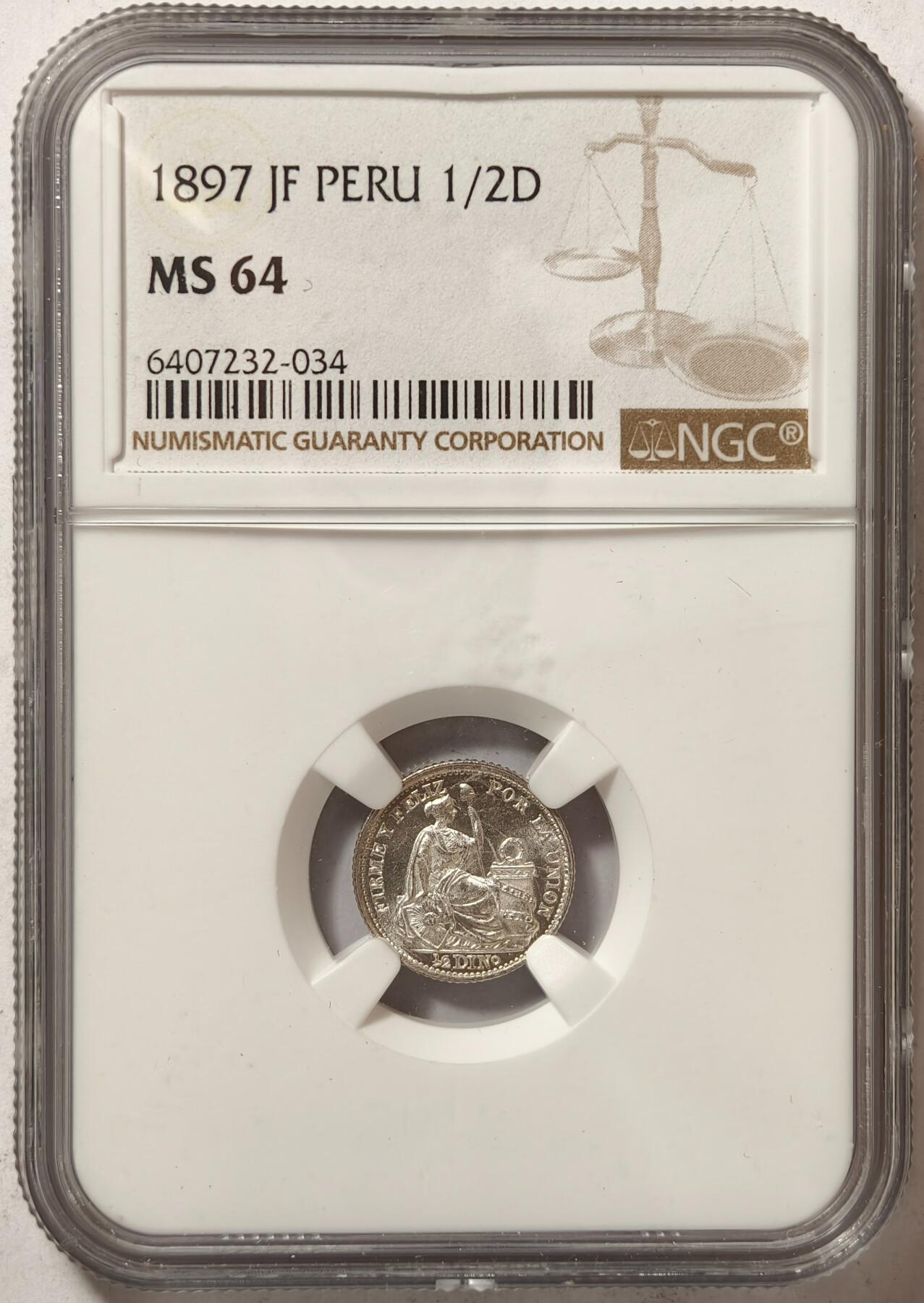 紫瑗钱币——第362期拍卖 秘鲁 1897年 JF 坐人 1/2D 1/5索尔 银币 NGC MS64