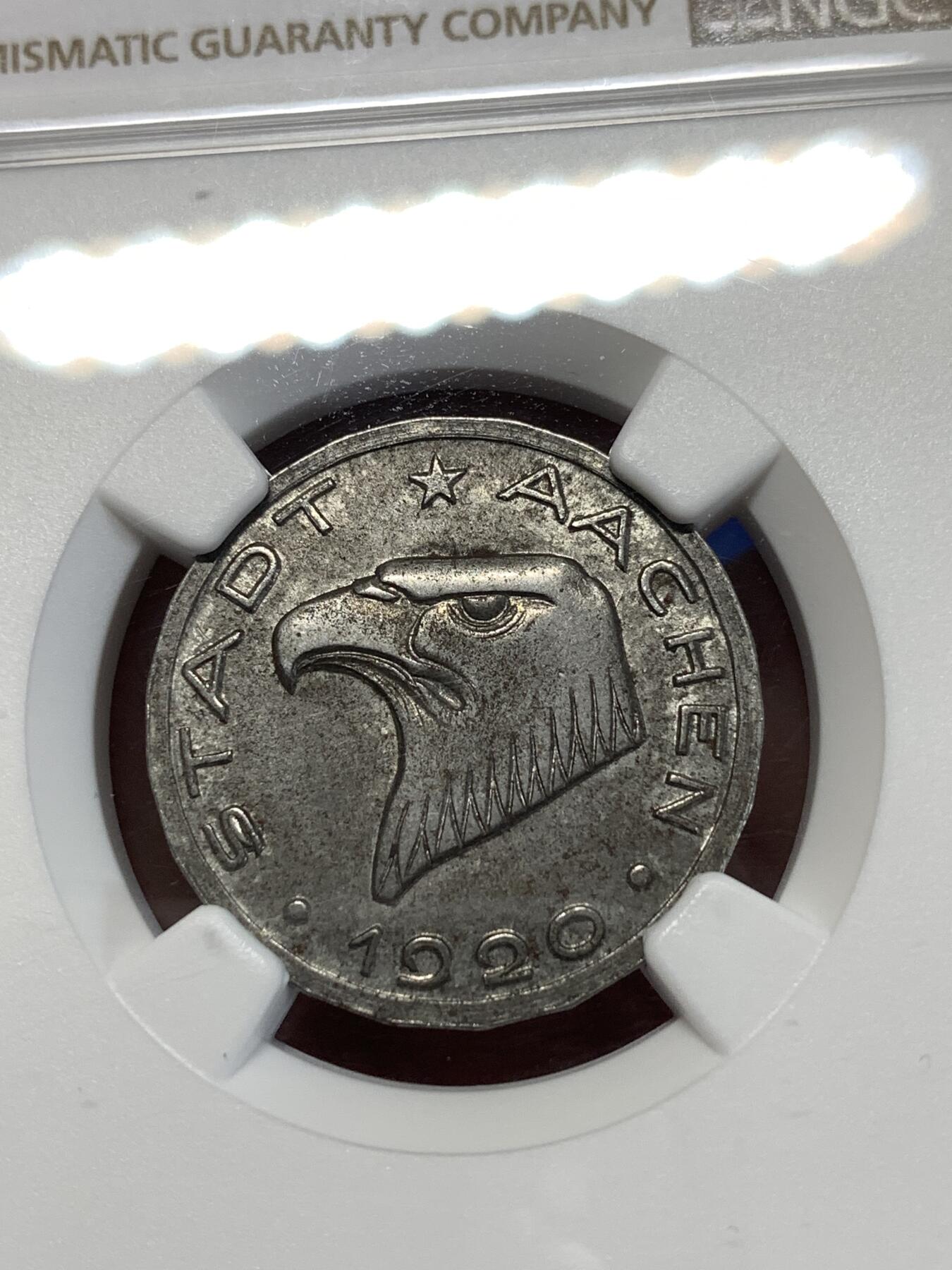 《竞宝斋》第276场- 周日，周一 2场连拍 （全场包邮） NGC MS62 德紧亚琛 1920年鹰头 50芬尼 铁币