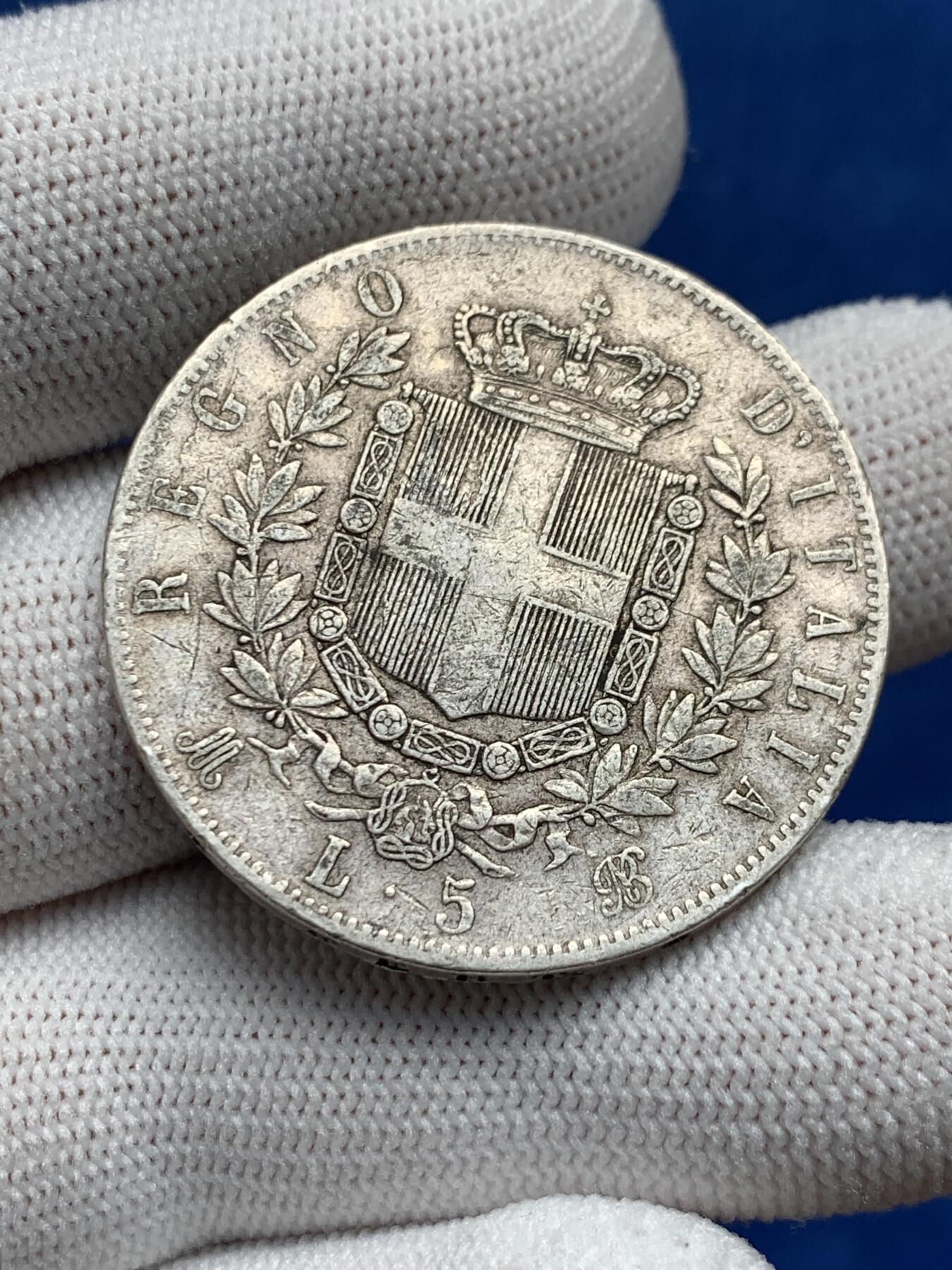 《竞宝斋》第276场- 周日，周一 2场连拍 （全场包邮） 意大利1874年埃马努埃莱二世5里拉银币 细节见图