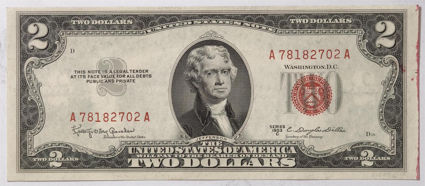 紫瑗钱币——第361期拍卖——纸币场 美国 1953年 C序列 托马斯·杰斐逊 2美元 红印 政府券 UNC-