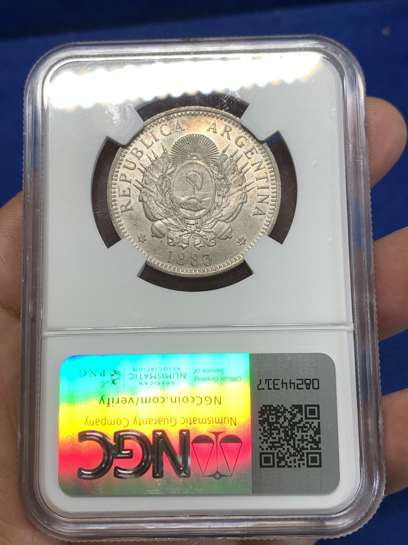 《竞宝斋》第276场- 周日，周一 2场连拍 （全场包邮） NGC MS63 阿根廷 1883年 50分银币 高分辅币 少见