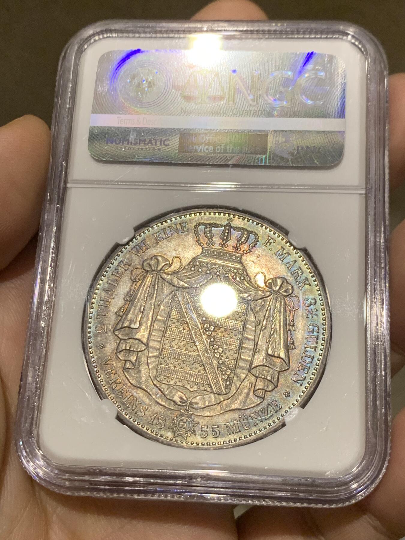 《竞宝斋》第276场- 周日，周一 2场连拍 （全场包邮） NGC MS61 德国 1855萨克森流通纹章2泰勒 约翰五世2泰勒的首年，37克大银币，两年发行品种，NGC亚军分，包浆好看