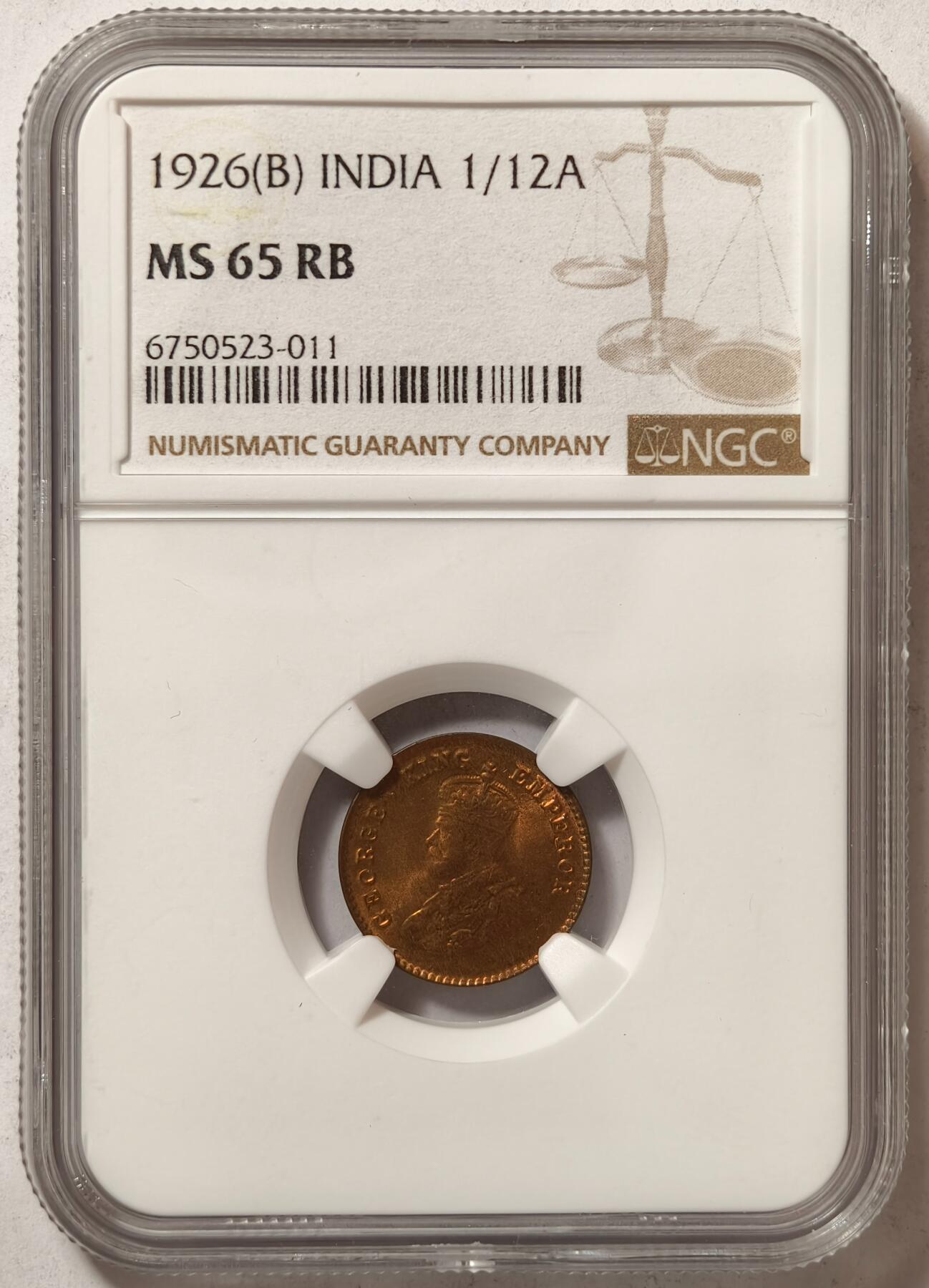 紫瑗钱币——第362期拍卖 英属印度 1926年 B版 乔治五世 1/12安娜 铜币 NGC MS65 RB