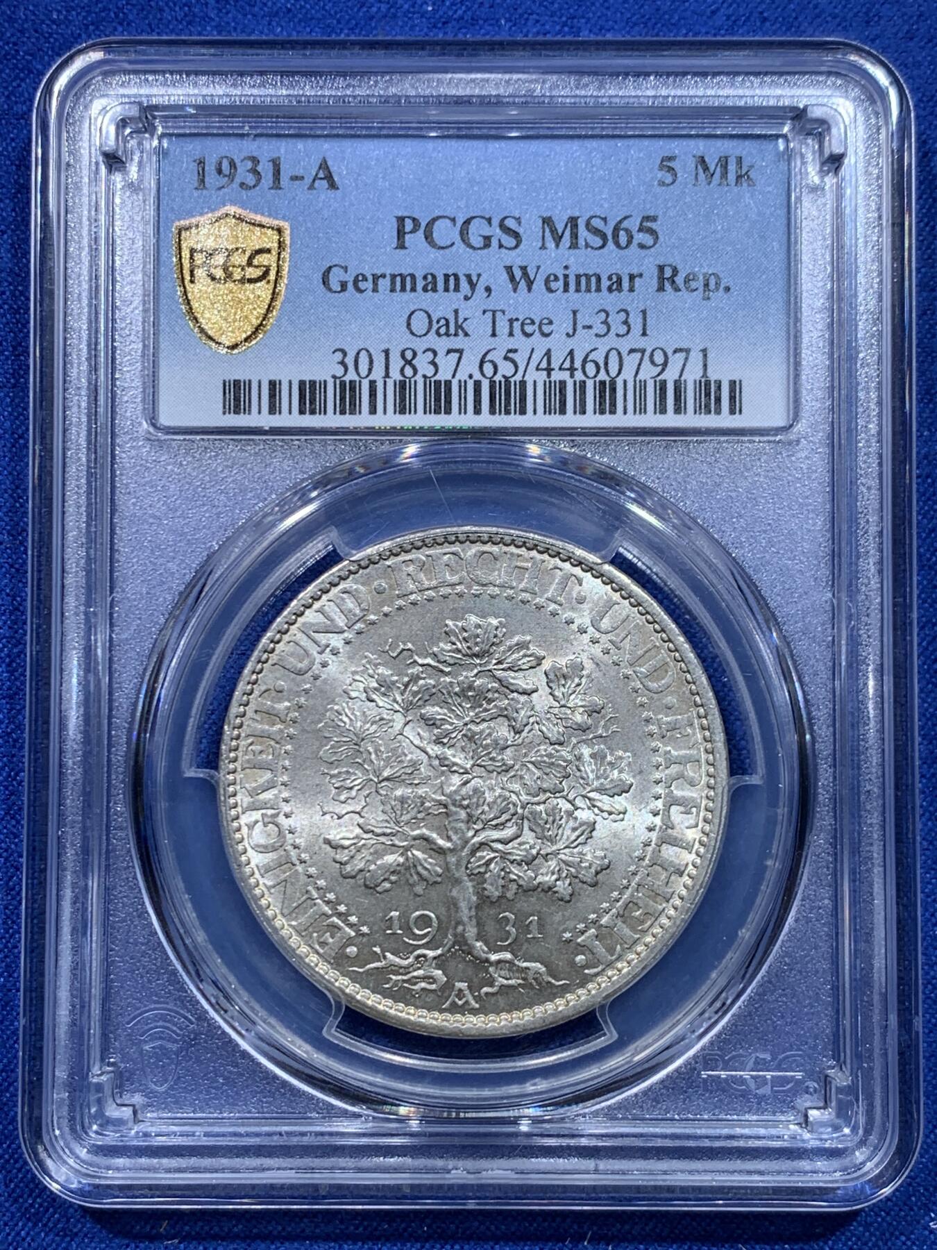 《竞宝斋》第276场- 周日，周一 2场连拍 （全场包邮） PCGS MS65 德国魏玛共和国1931年A版橡树5马克银币 双面转光 茎叶分明