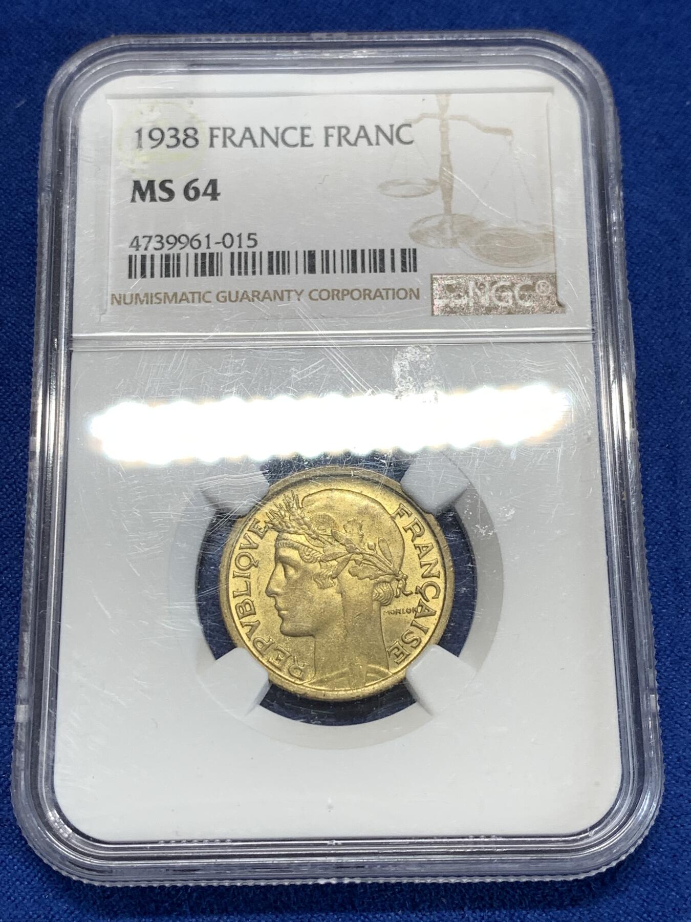 《竞宝斋》第276场- 周日，周一 2场连拍 （全场包邮） NGC MS64 法国1938年女神头像1法郎铜币 好分好品！
