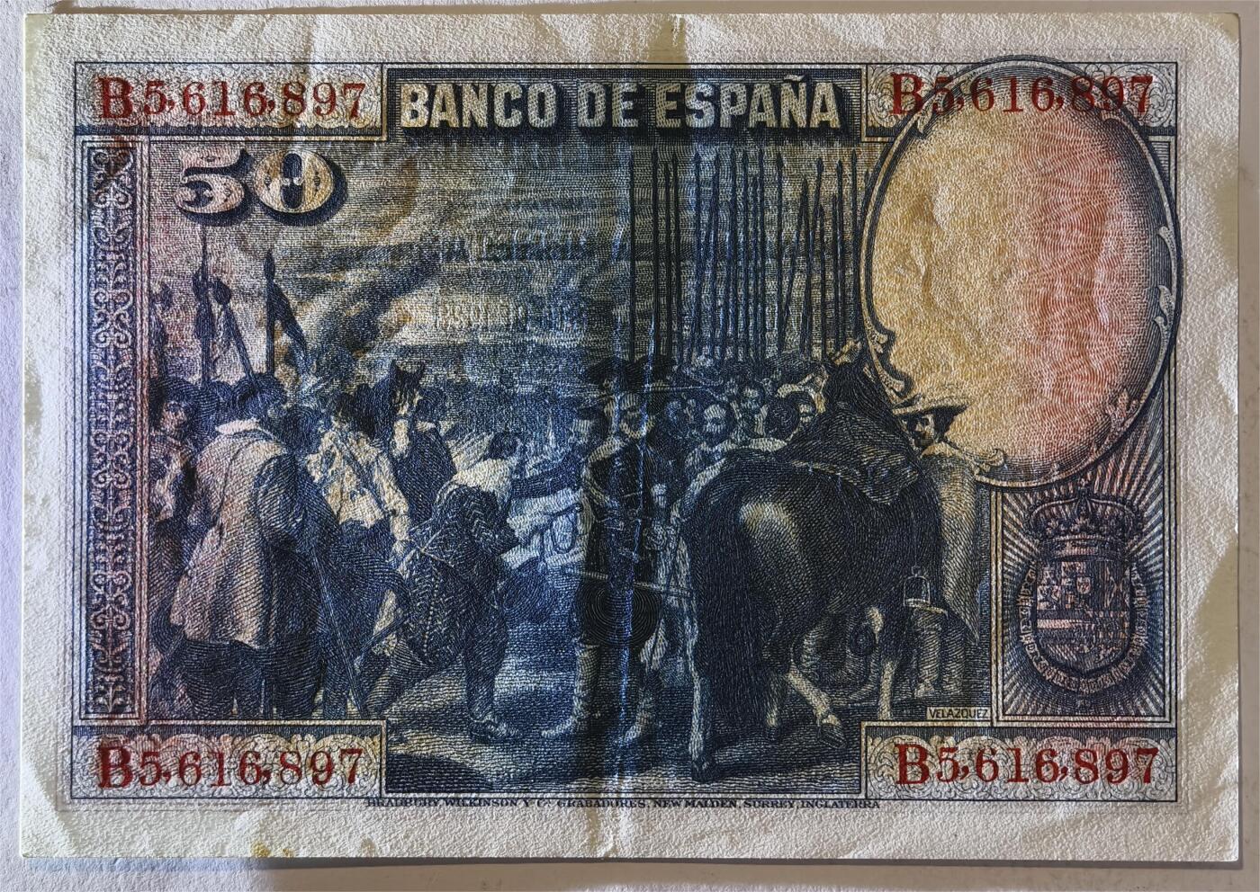 紫瑗钱币——第361期拍卖——纸币场 西班牙 1928年 油画《布雷达的献城》50比塞塔 UNC- 有折