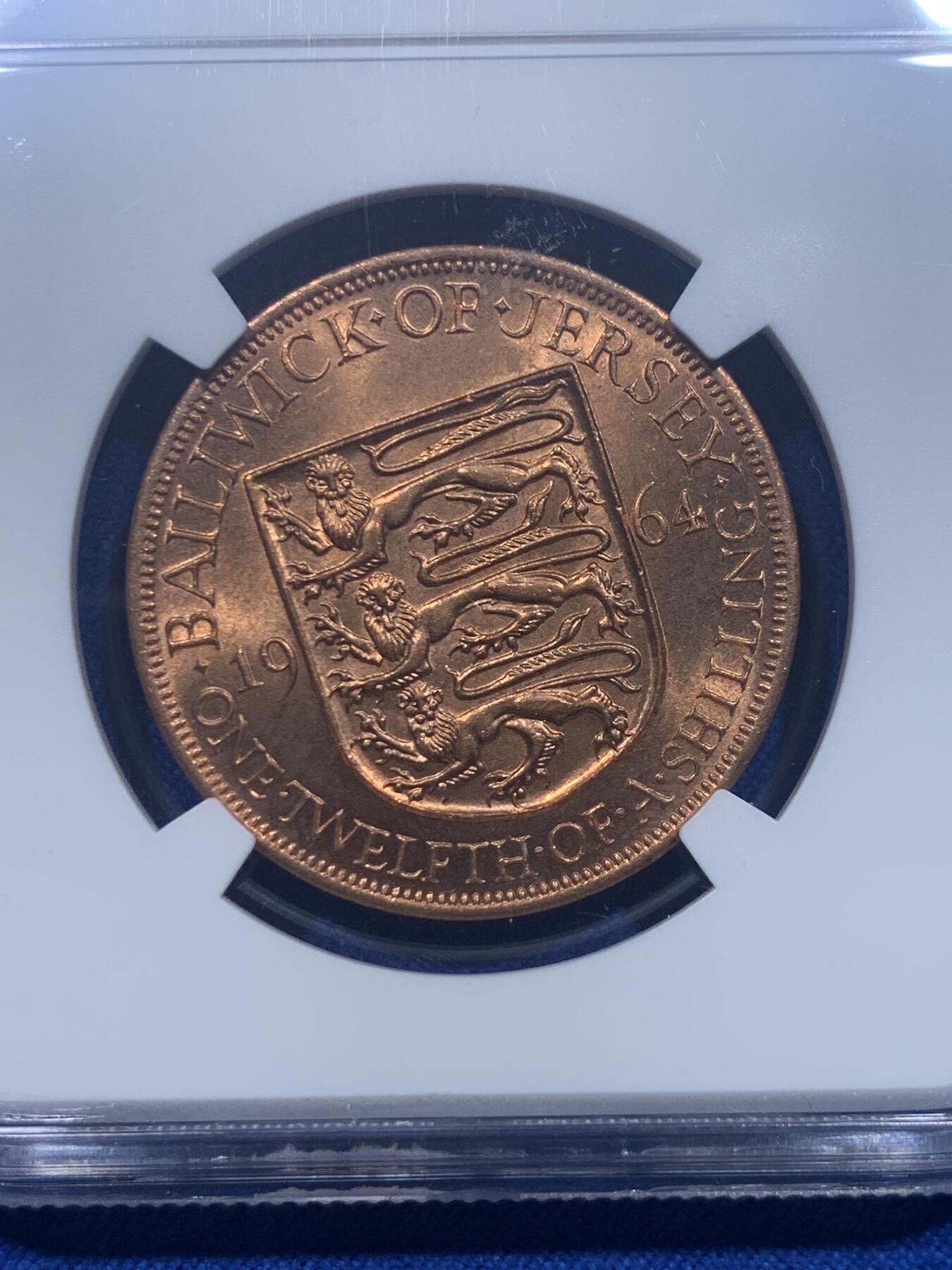 《竞宝斋》第276场- 周日，周一 2场连拍 （全场包邮） NGC MS63RB 英属泽西岛1/12S铜币 铜光漂亮