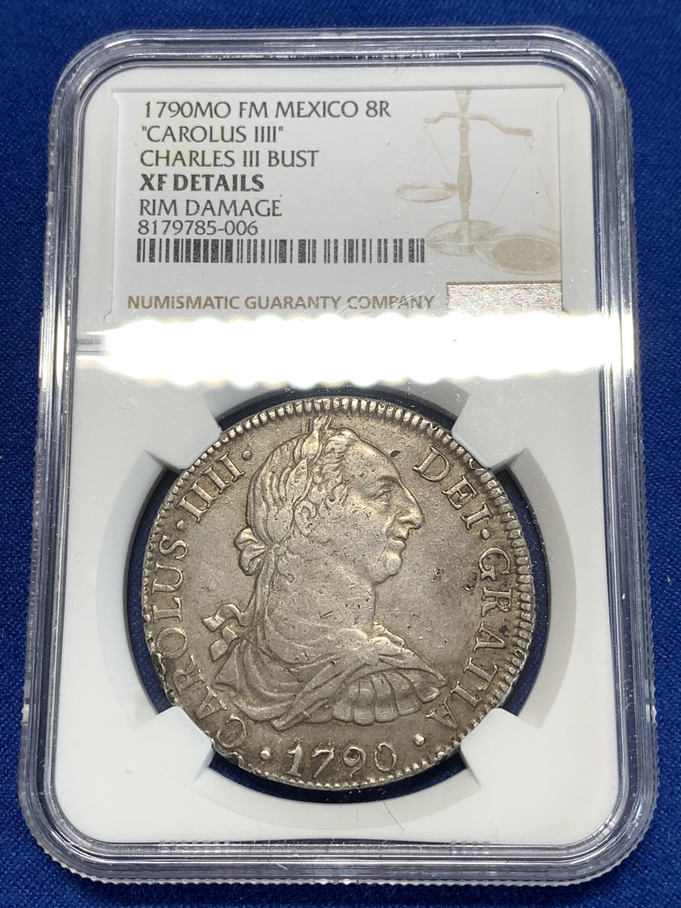 《竞宝斋》第276场- 周日，周一 2场连拍 （全场包邮） NGC XF 墨西哥1790年卡洛斯四世过渡版8里亚尔银币 卡三的人像配卡四的年号 币面深打 包浆醇厚 底板状态也不错 细节见图