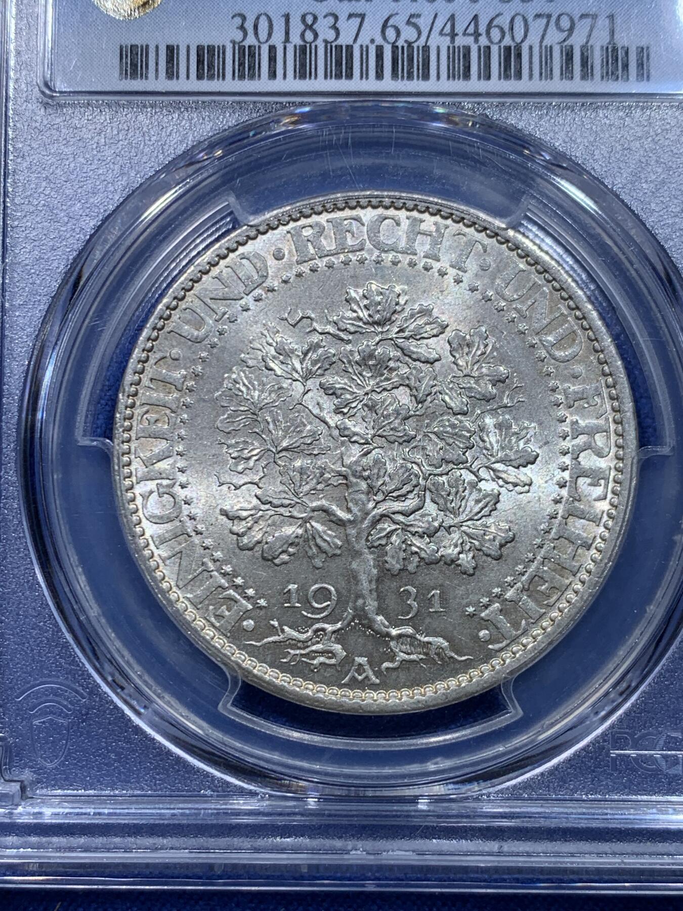 《竞宝斋》第276场- 周日，周一 2场连拍 （全场包邮） PCGS MS65 德国魏玛共和国1931年A版橡树5马克银币 双面转光 茎叶分明