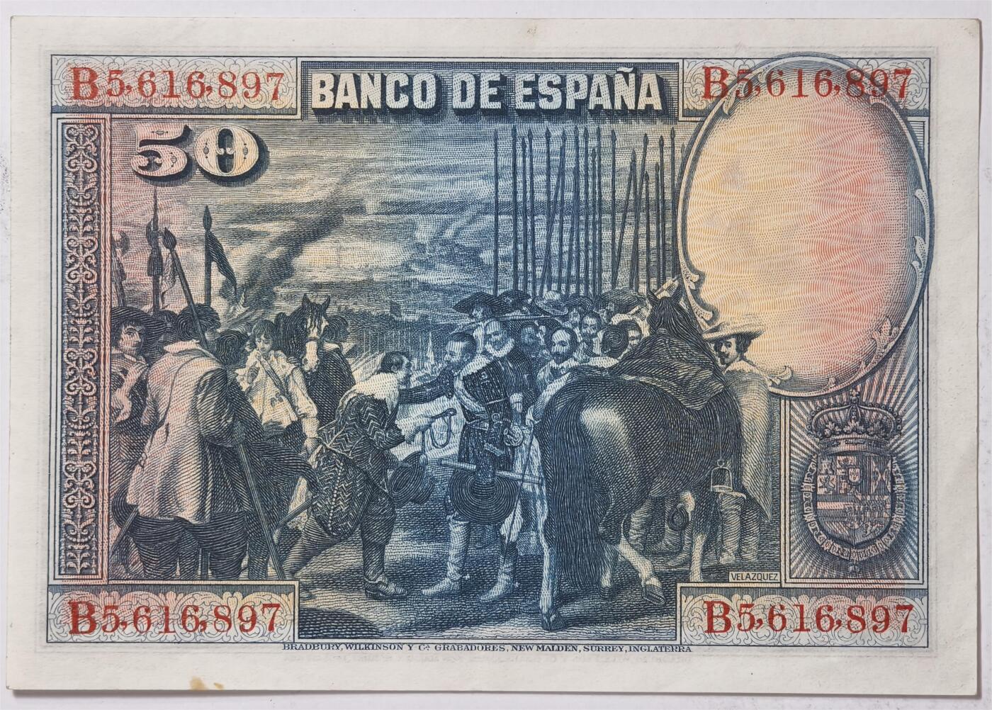 紫瑗钱币——第361期拍卖——纸币场 西班牙 1928年 油画《布雷达的献城》50比塞塔 UNC- 有折