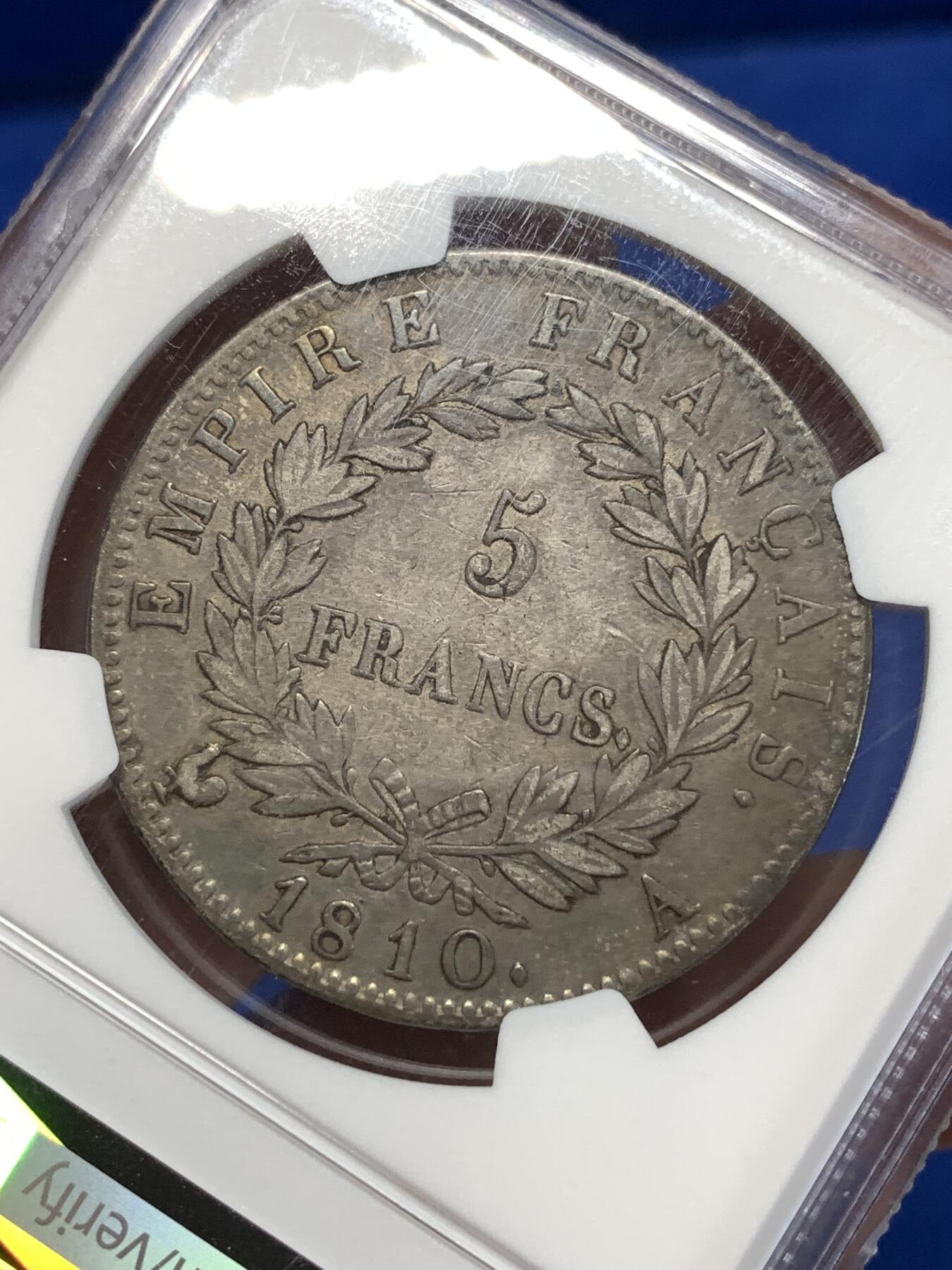 《竞宝斋》第276场- 周日，周一 2场连拍 （全场包邮） NGC VF35 法国1810A拿皇5法郎银币 不是常见的1811 通体深酱彩 磨损不大 低评 可对比xf品 状态极佳