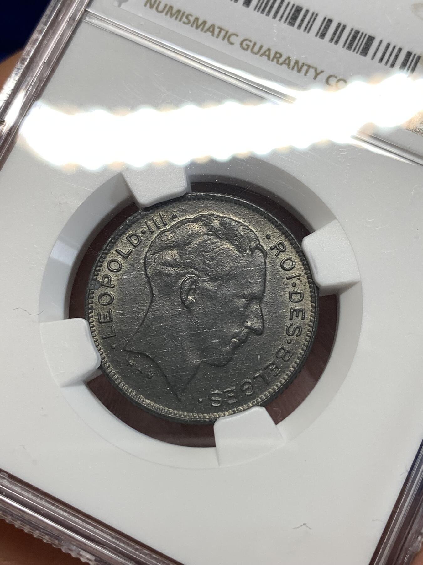 《竞宝斋》第276场- 周日，周一 2场连拍 （全场包邮） NGC MS62 比利时1941年利奥波德三世国王5法郎锌币