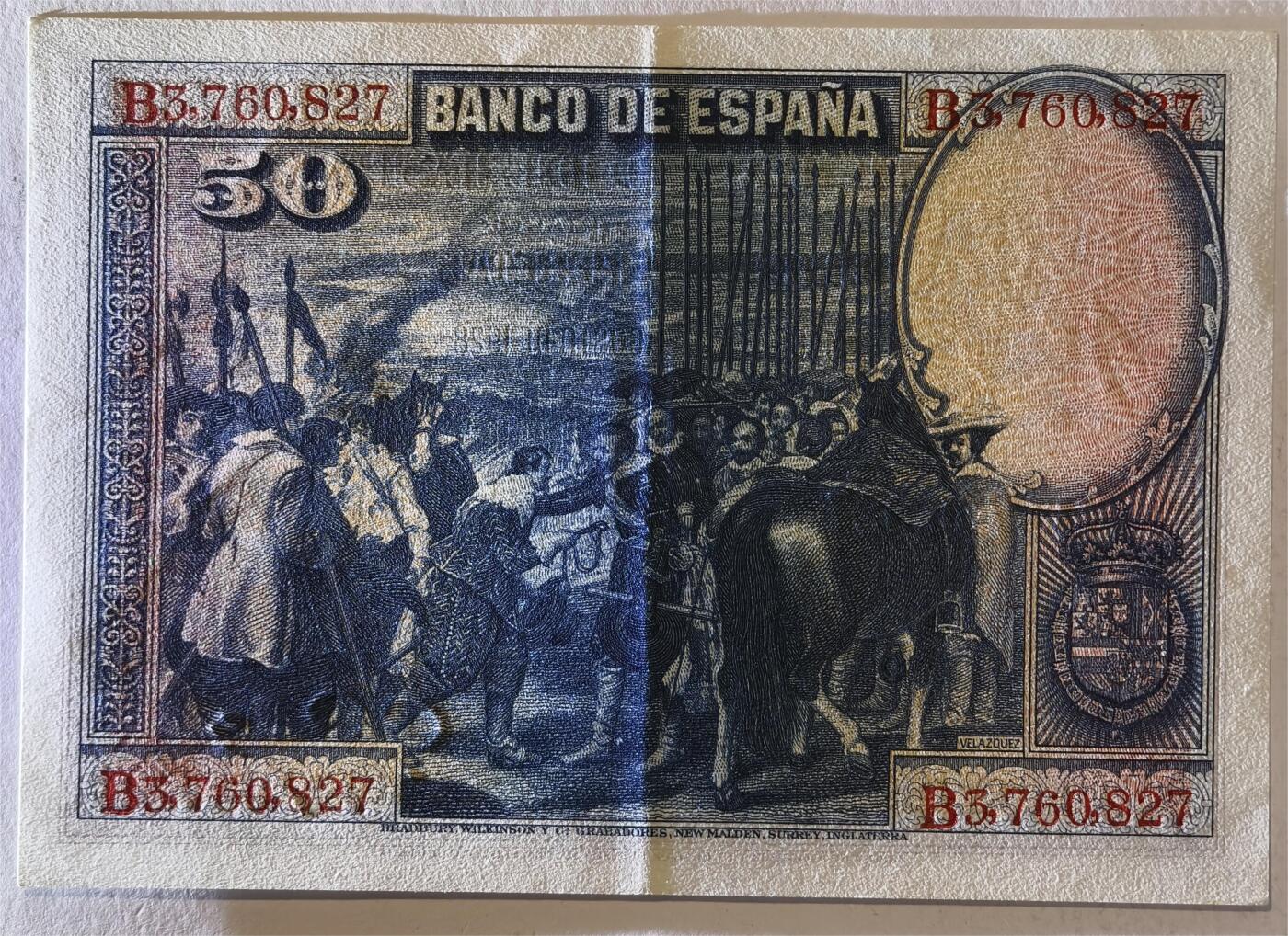 紫瑗钱币——第361期拍卖——纸币场 西班牙 1928年 油画《布雷达的献城》50比塞塔 UNC-有折