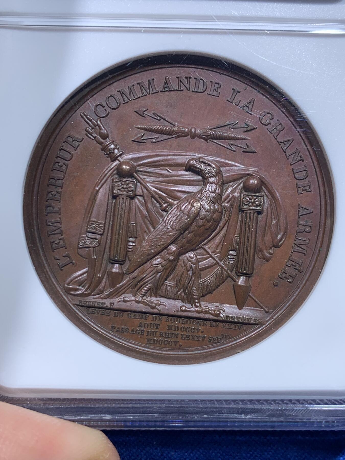 《竞宝斋》第276场- 周日，周一 2场连拍 （全场包邮） NGC MS64BN 法国1805年拿破仑穿越莱茵河纪念铜章 加厚盒子