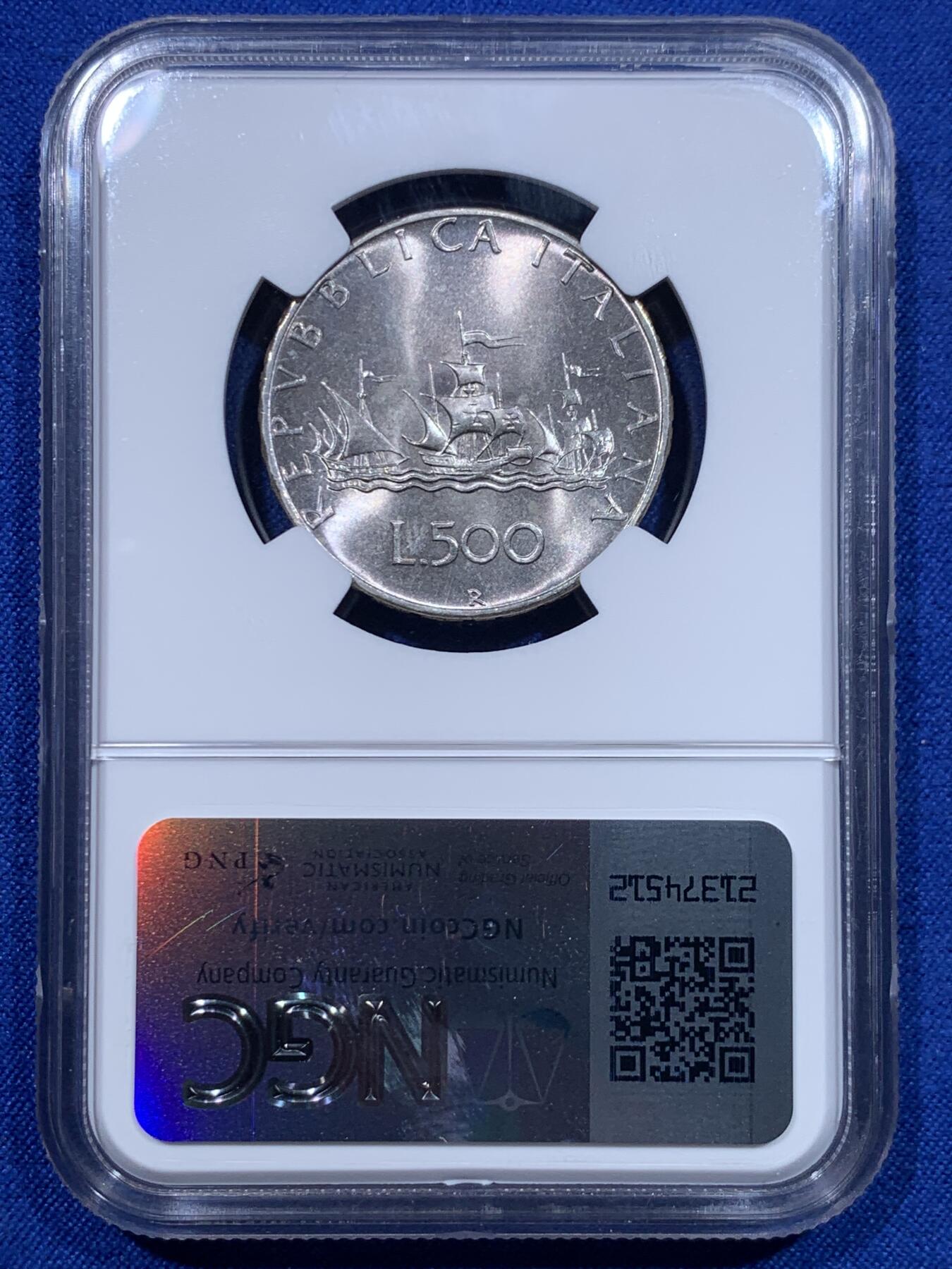《竞宝斋》第276场- 周日，周一 2场连拍 （全场包邮） NGC MS66 意大利1970美女帆船500里拉银币 卷拆高分 紫罗兰包浆