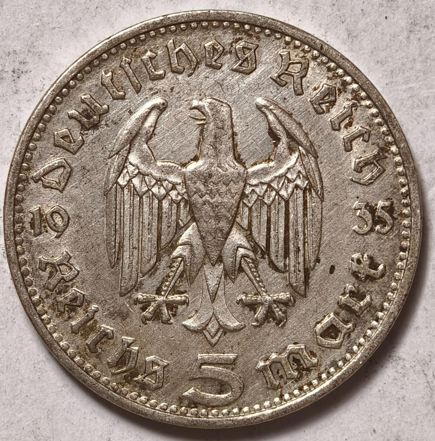 紫瑗钱币——第362期拍卖 德国 1935年 D版 兴登堡 5马克 13.9克 0.9银 