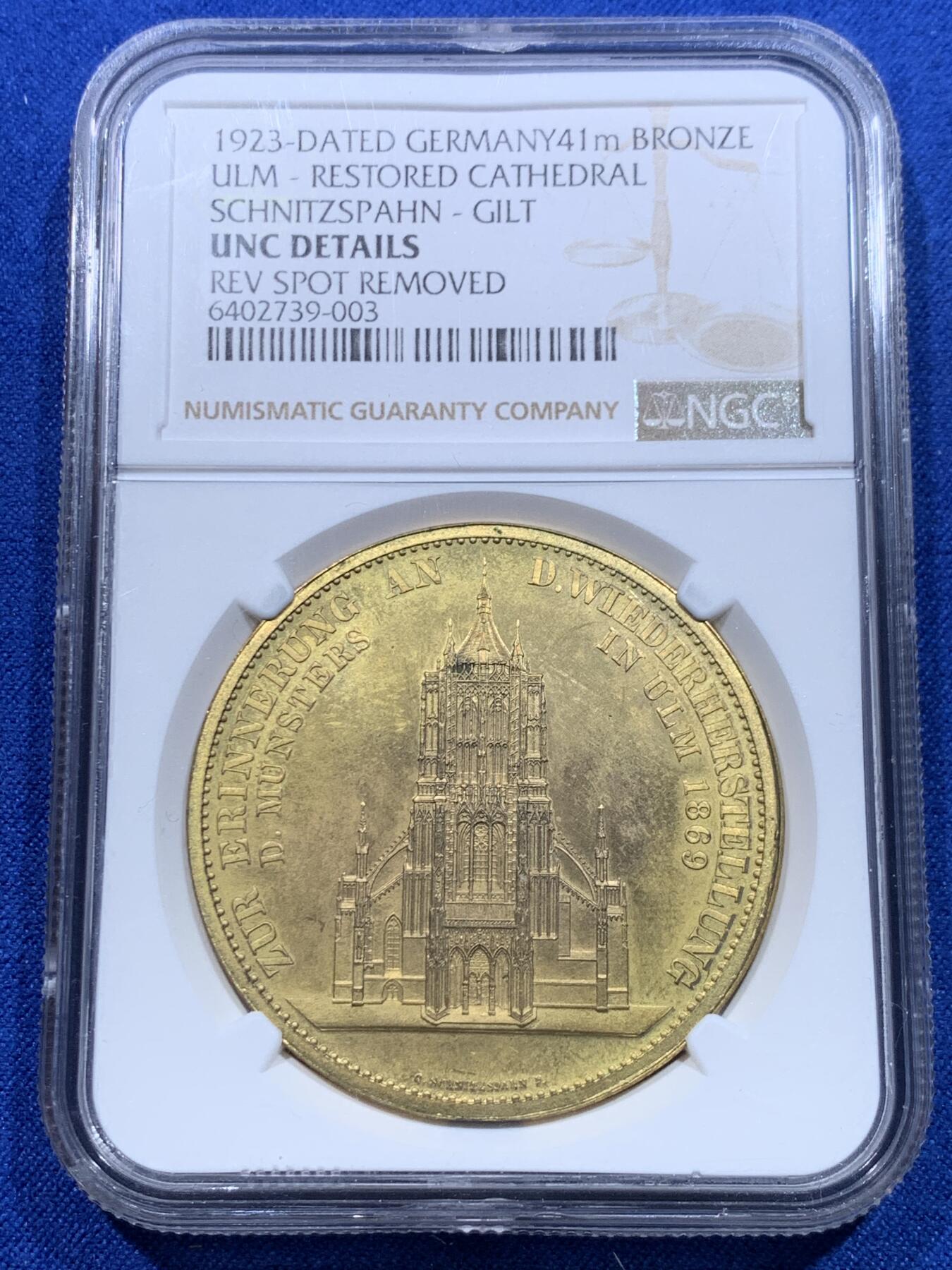 《竞宝斋》第276场- 周日，周一 2场连拍 （全场包邮） NGC UNC 德国1923年乌尔姆教堂修复纪念铜章 一面和教堂泰勒同款 PL底板 状态非常好