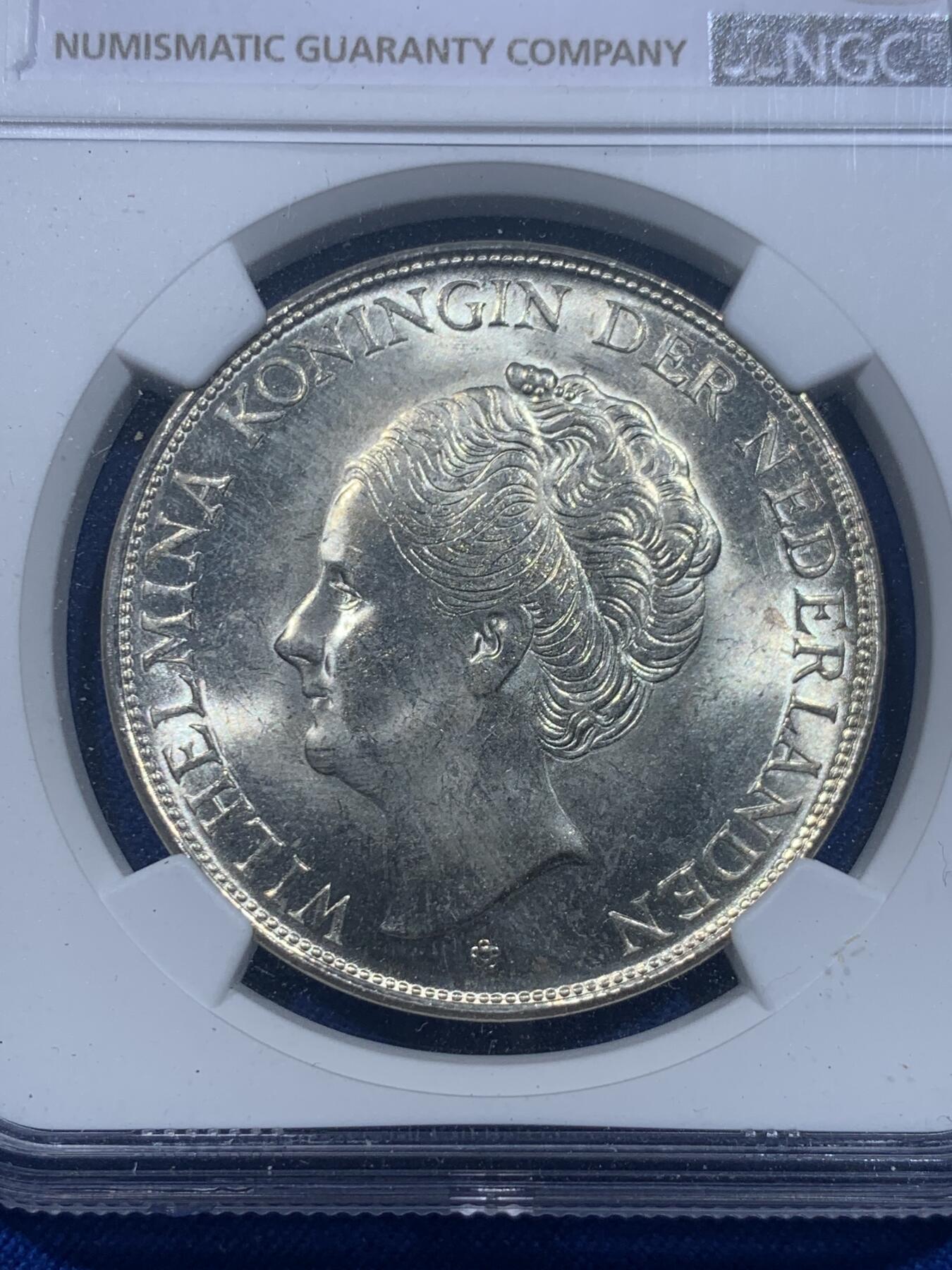 《竞宝斋》第276场- 周日，周一 2场连拍 （全场包邮） NGC MS62 荷属库拉索1944D威廉明娜2.5盾大银币