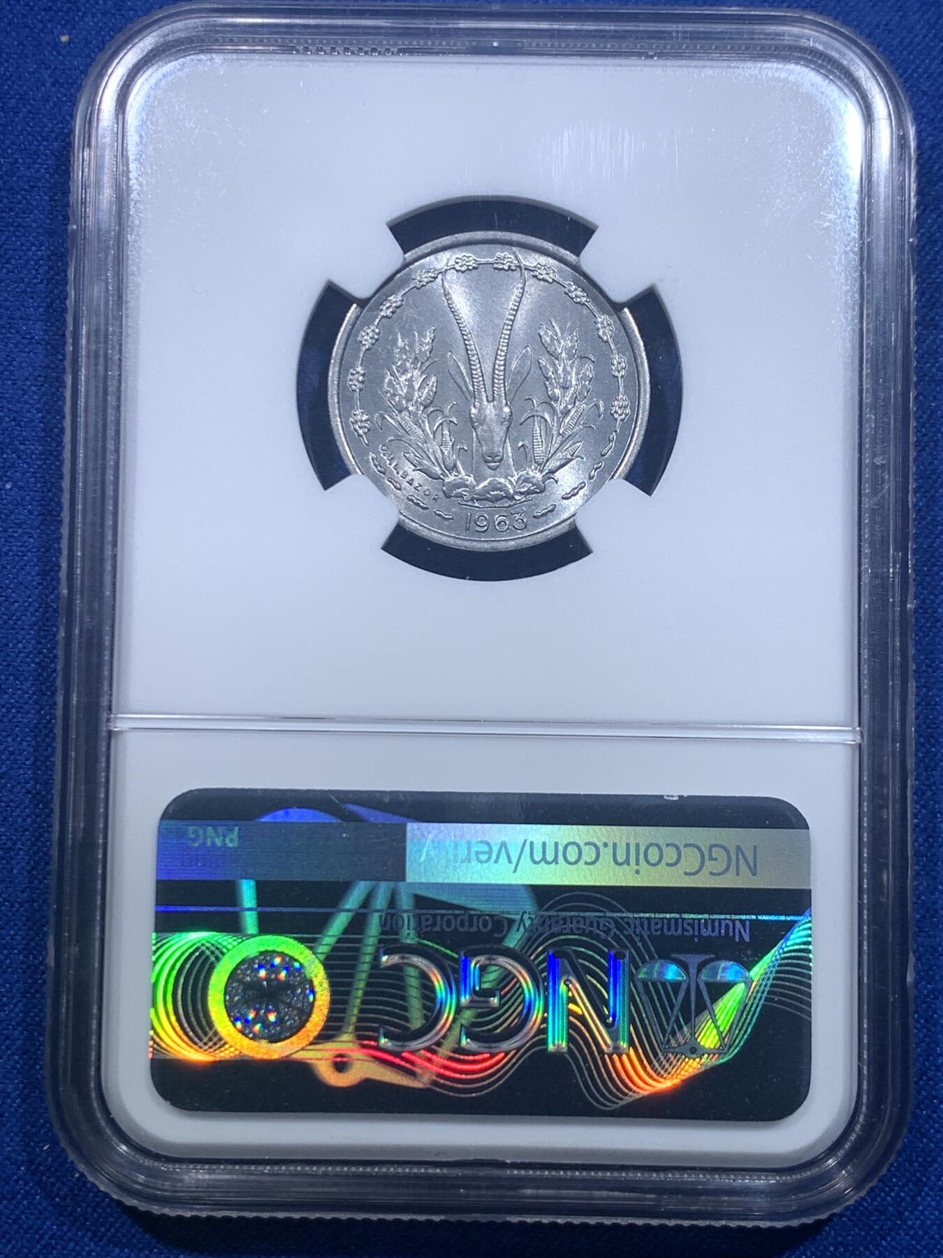 《竞宝斋》第276场- 周日，周一 2场连拍 （全场包邮） NGC MS65 西非联盟1963年1法郎铝币 高分少见