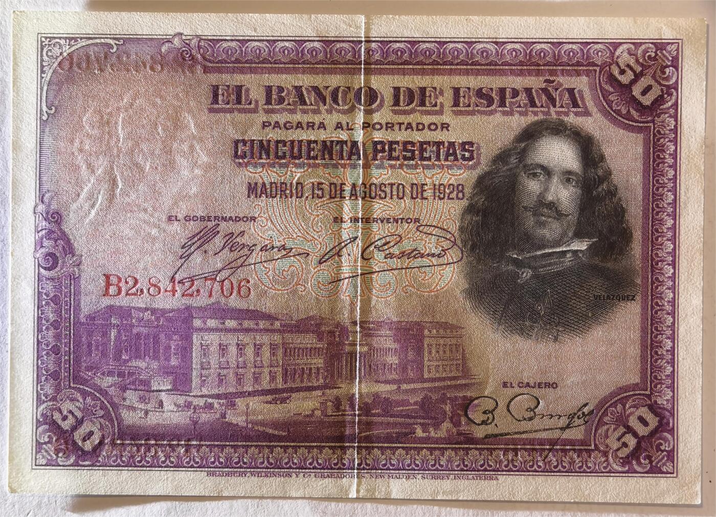 紫瑗钱币——第361期拍卖——纸币场 西班牙 1928年 油画《布雷达的献城》50比塞塔 UNC- 有折