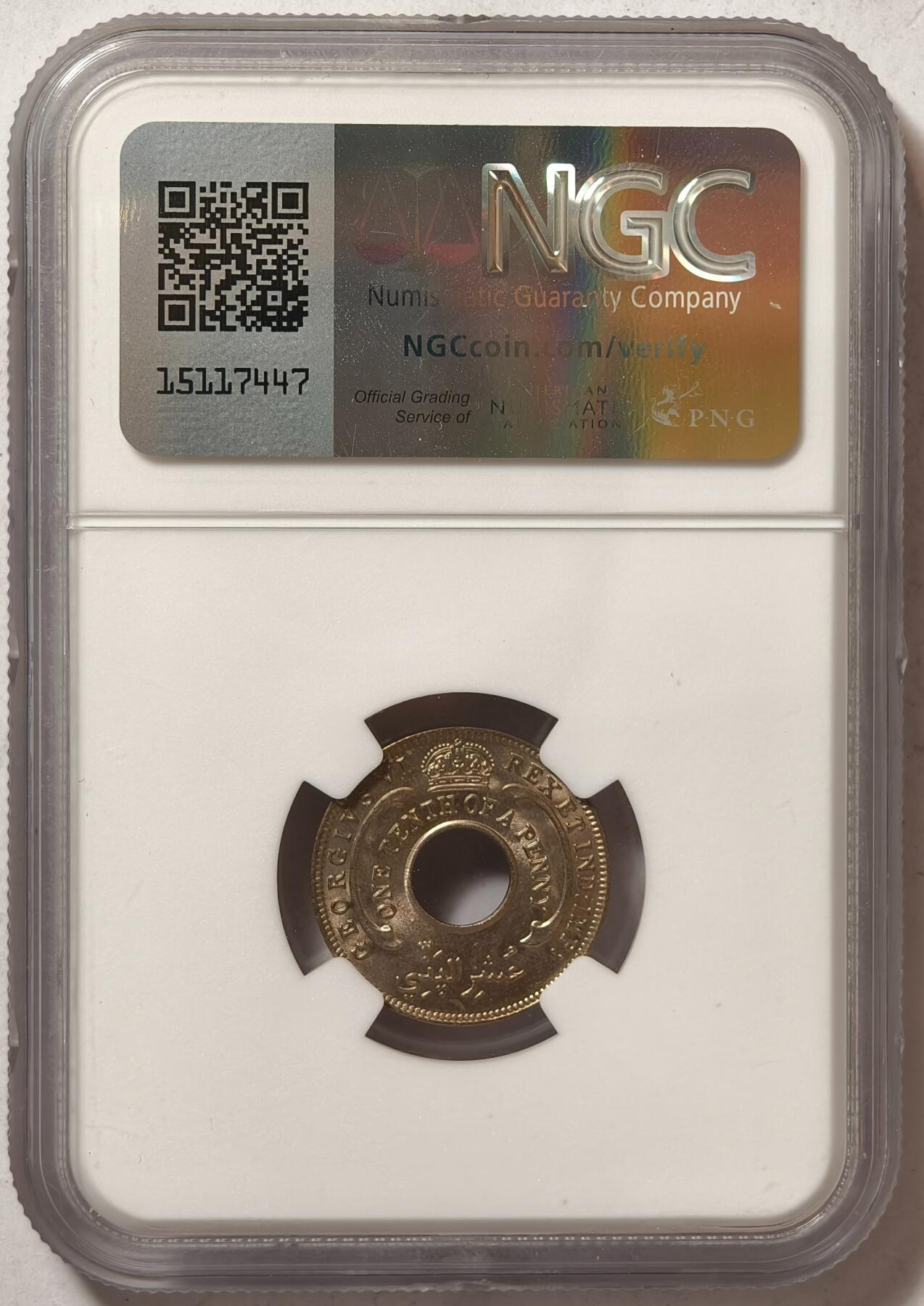 紫瑗钱币——第362期拍卖 英属西非 1938年 乔治六世 1/10便士 白铜币 NGC MS64