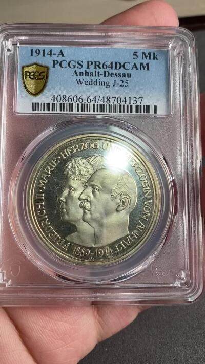 PCGS PR64DCAM 1914年德国安哈特-德邵弗里德里希二世银婚流通纪念5马克 精致深度镜面季军分数 很久很久都没出现如此优质状态的5马克