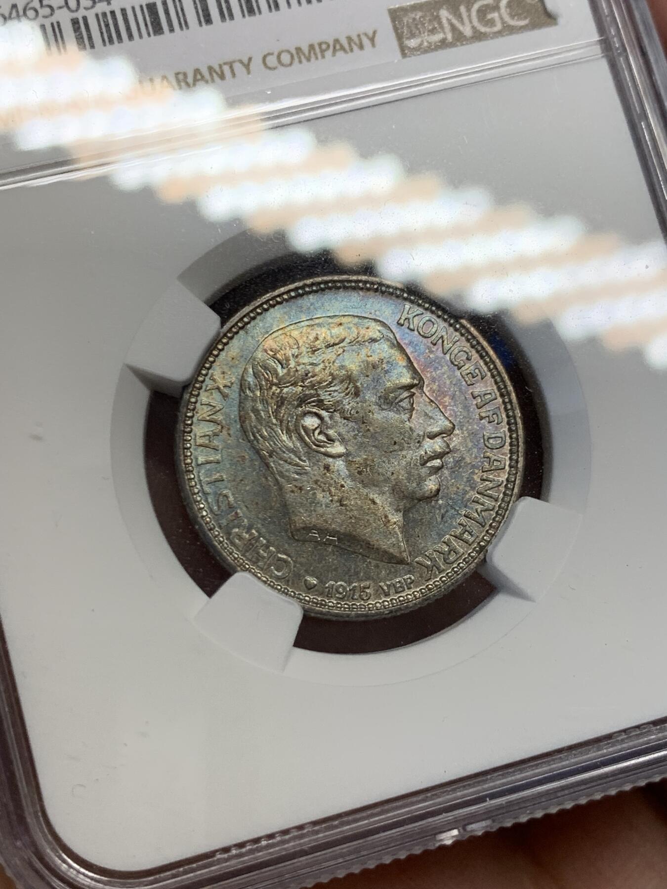 《竞宝斋》第276场- 周日，周一 2场连拍 （全场包邮） NGC AU58 丹麦1915年国王克里斯蒂安十世1克朗银币