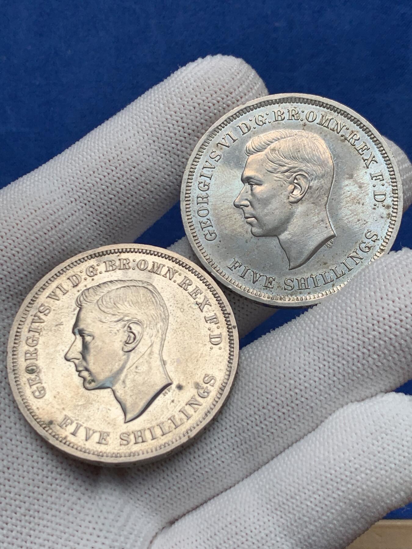 《竞宝斋》第276场- 周日，周一 2场连拍 （全场包邮） 两枚一组 英国 1951 乔治六世马剑克朗（5先令） 镍马剑