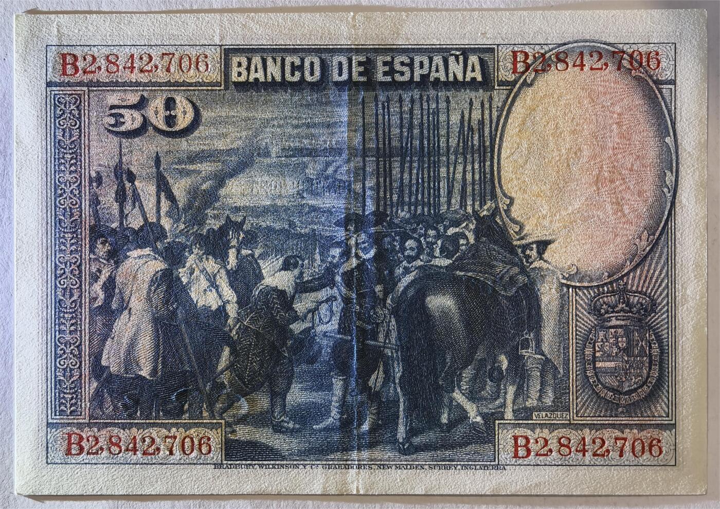 紫瑗钱币——第361期拍卖——纸币场 西班牙 1928年 油画《布雷达的献城》50比塞塔 UNC- 有折