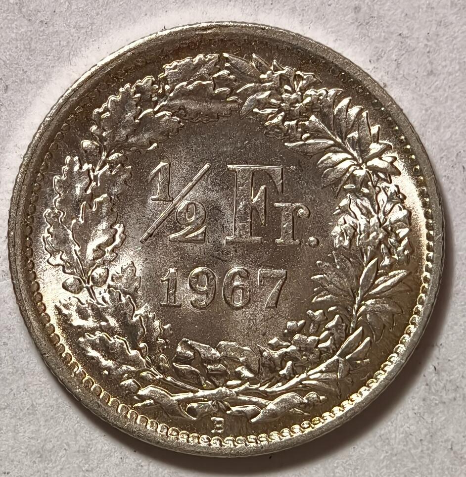 紫瑗钱币——第362期拍卖 瑞士 1967年 B版 赫尔维蒂女神 1/2法郎 2.5克 0.835银 UNC 