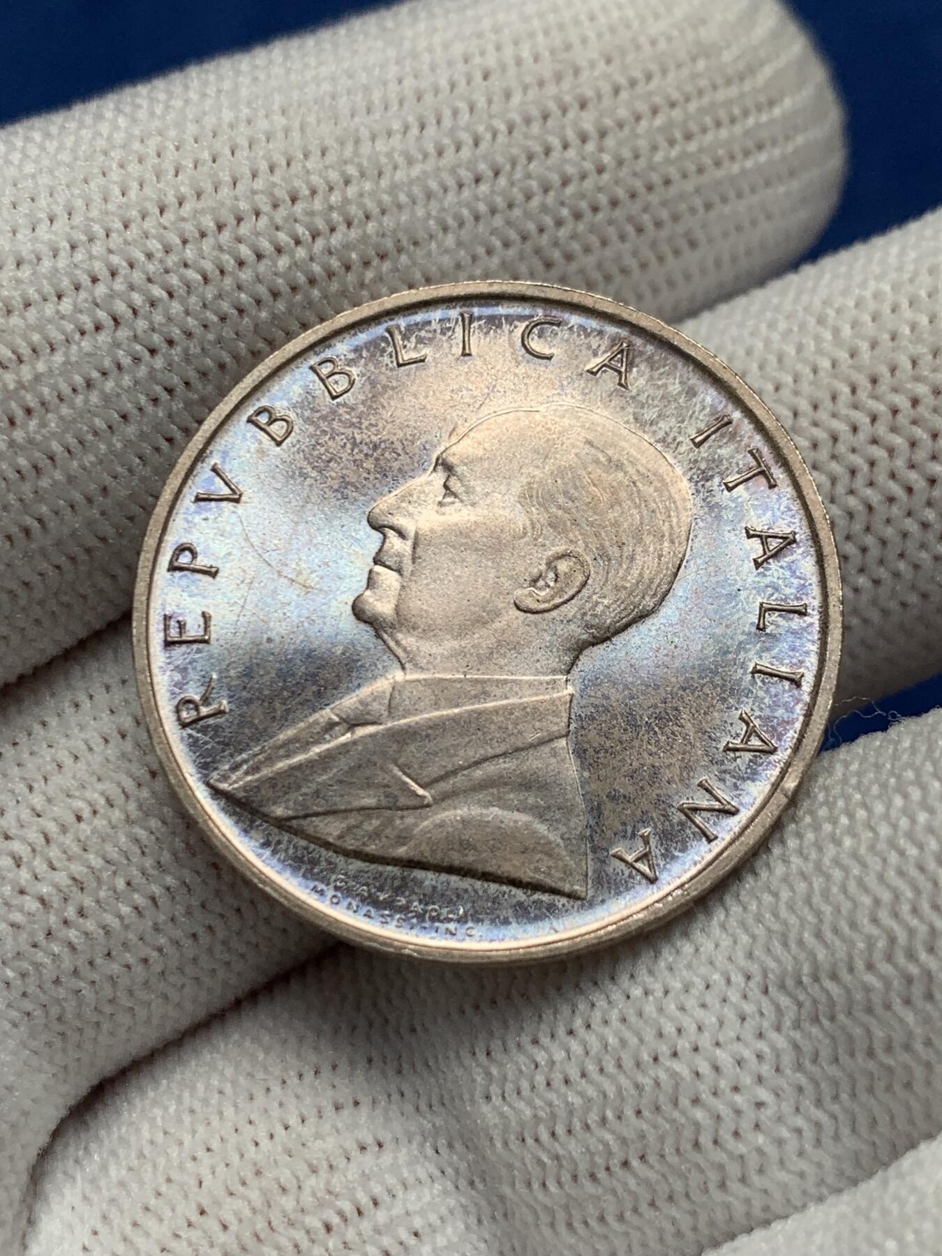 《竞宝斋》第276场- 周日，周一 2场连拍 （全场包邮） 1974年古列尔莫·马可尼诞辰100周年500里拉银币 UNC自然带彩包浆