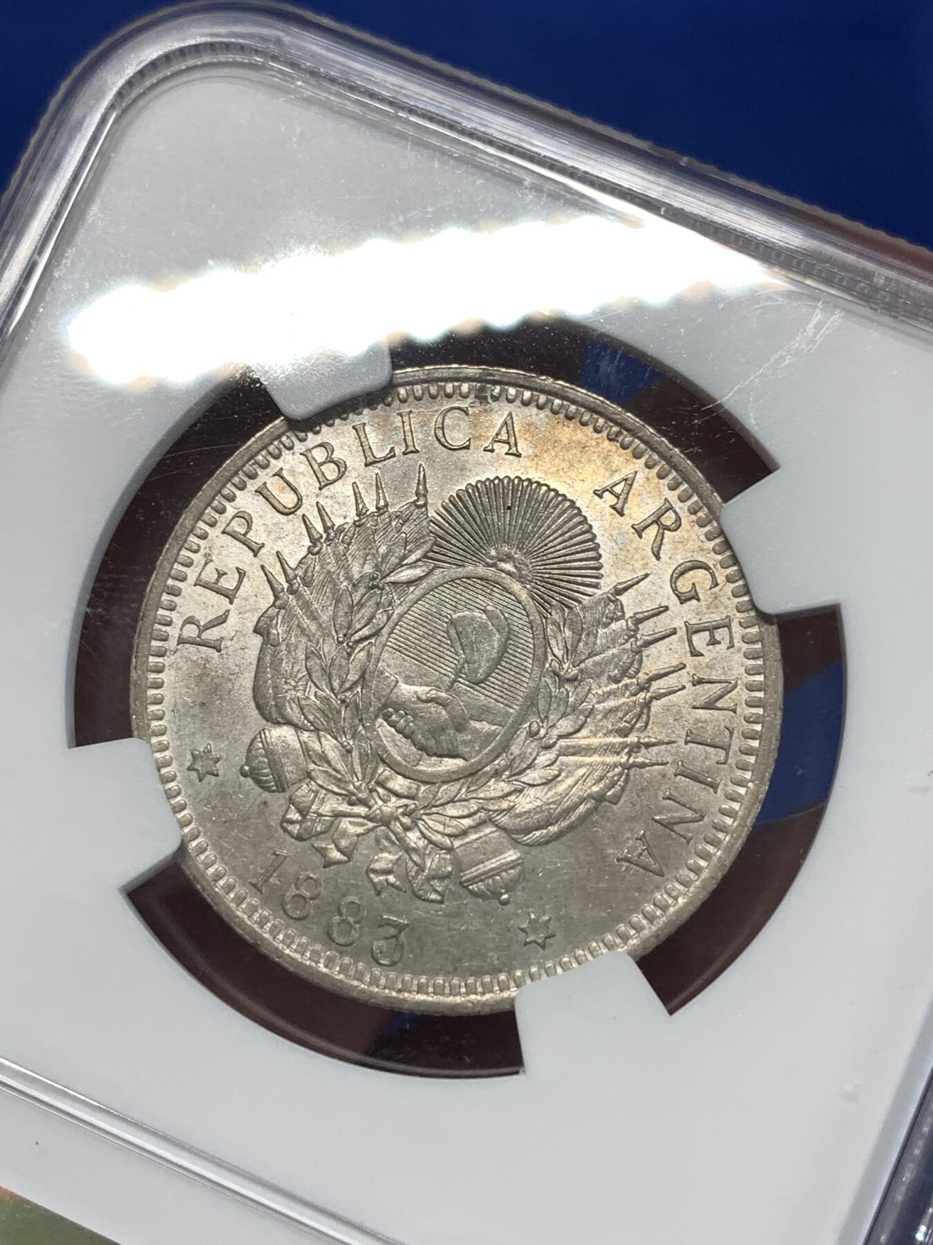 《竞宝斋》第276场- 周日，周一 2场连拍 （全场包邮） NGC MS63 阿根廷 1883年 50分银币 高分辅币 少见