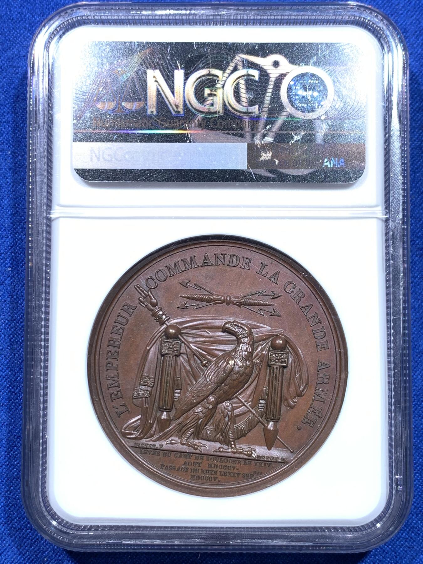 《竞宝斋》第276场- 周日，周一 2场连拍 （全场包邮） NGC MS64BN 法国1805年拿破仑穿越莱茵河纪念铜章 加厚盒子