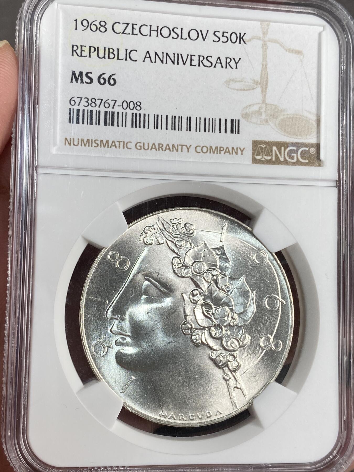 【麦稀奇世界钱币展】万国钱币拍卖第027期（五月端阳●万国夏季大拍） NGC MS66 1968年捷克斯洛伐克独立50周年纪念50克朗大银币 20G 发行量58000枚
