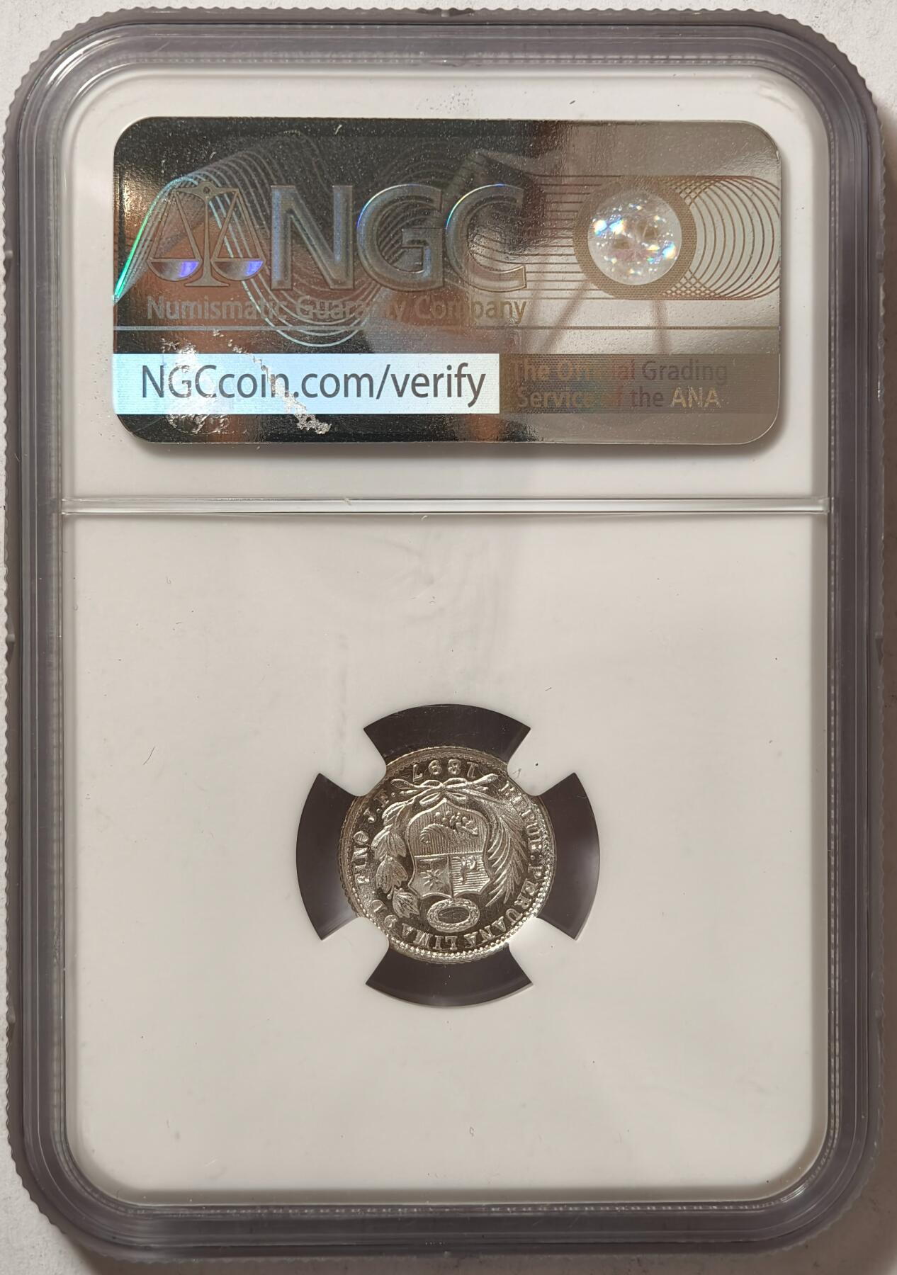 紫瑗钱币——第362期拍卖 秘鲁 1897年 JF 坐人 1/2D 1/5索尔 银币 NGC MS64