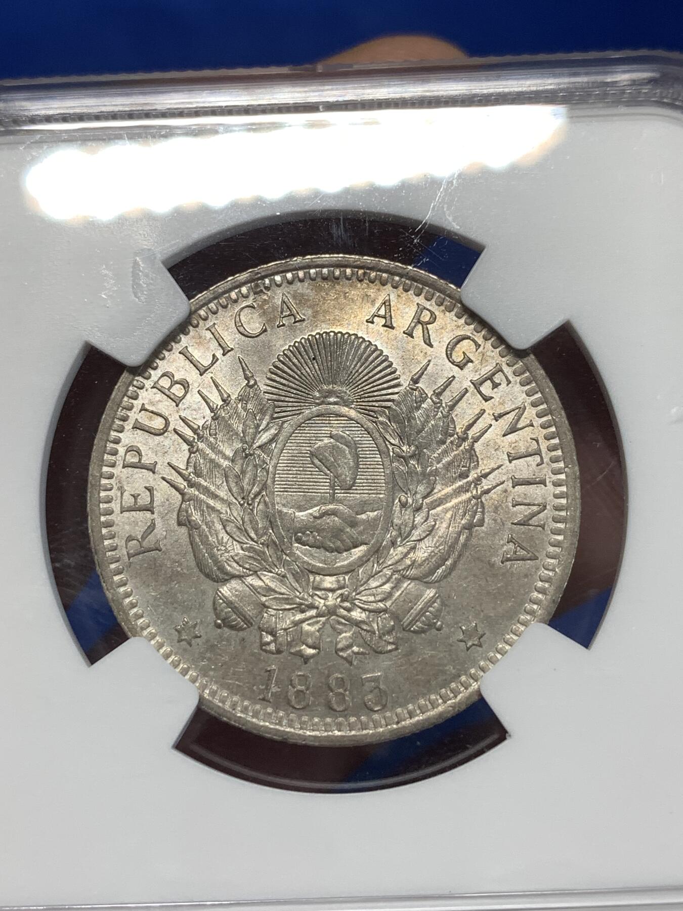 《竞宝斋》第276场- 周日，周一 2场连拍 （全场包邮） NGC MS63 阿根廷 1883年 50分银币 高分辅币 少见