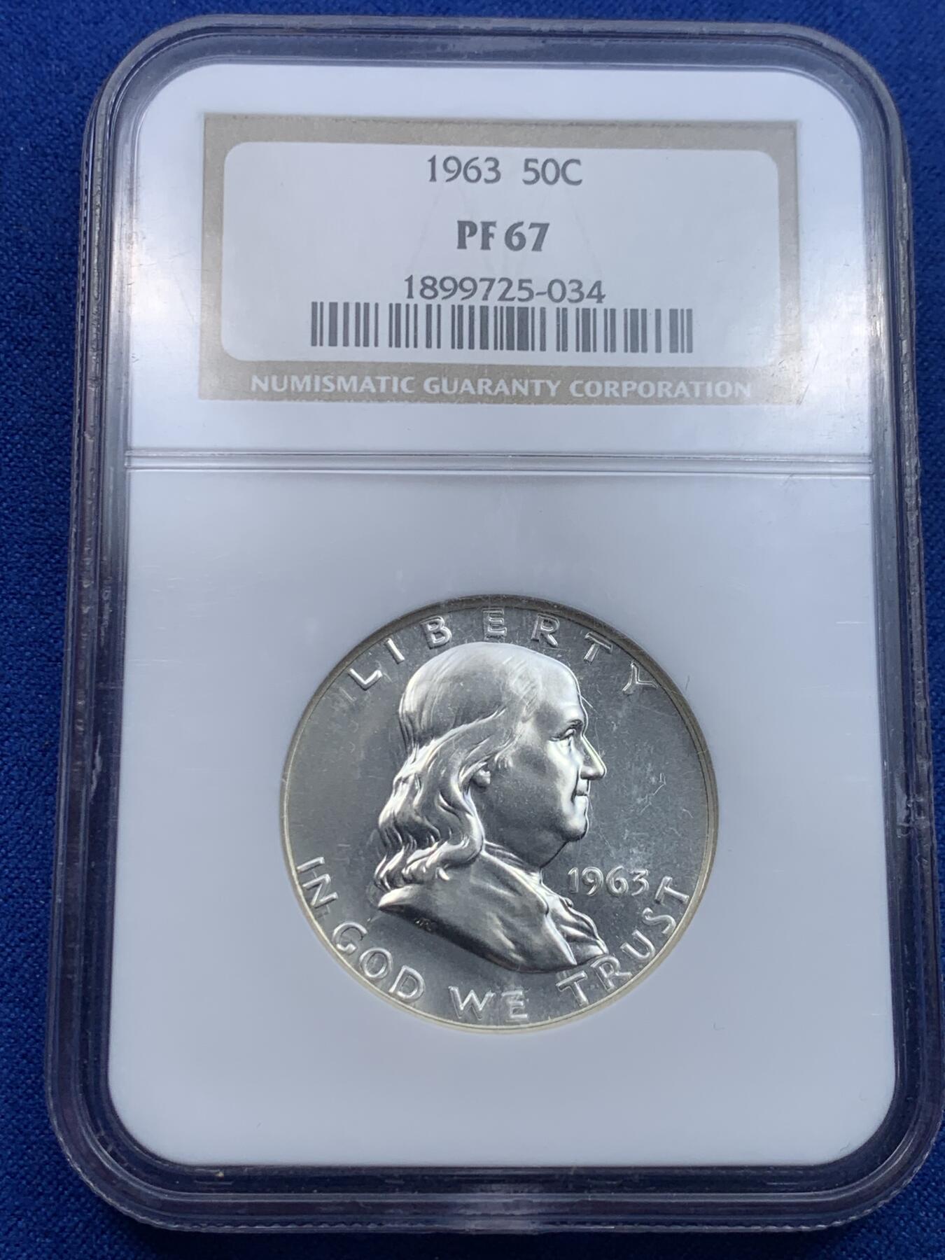 《竞宝斋》第276场- 周日，周一 2场连拍 （全场包邮） NGC PF67 美国1963年富兰克林半美元精制银币 顶级高分