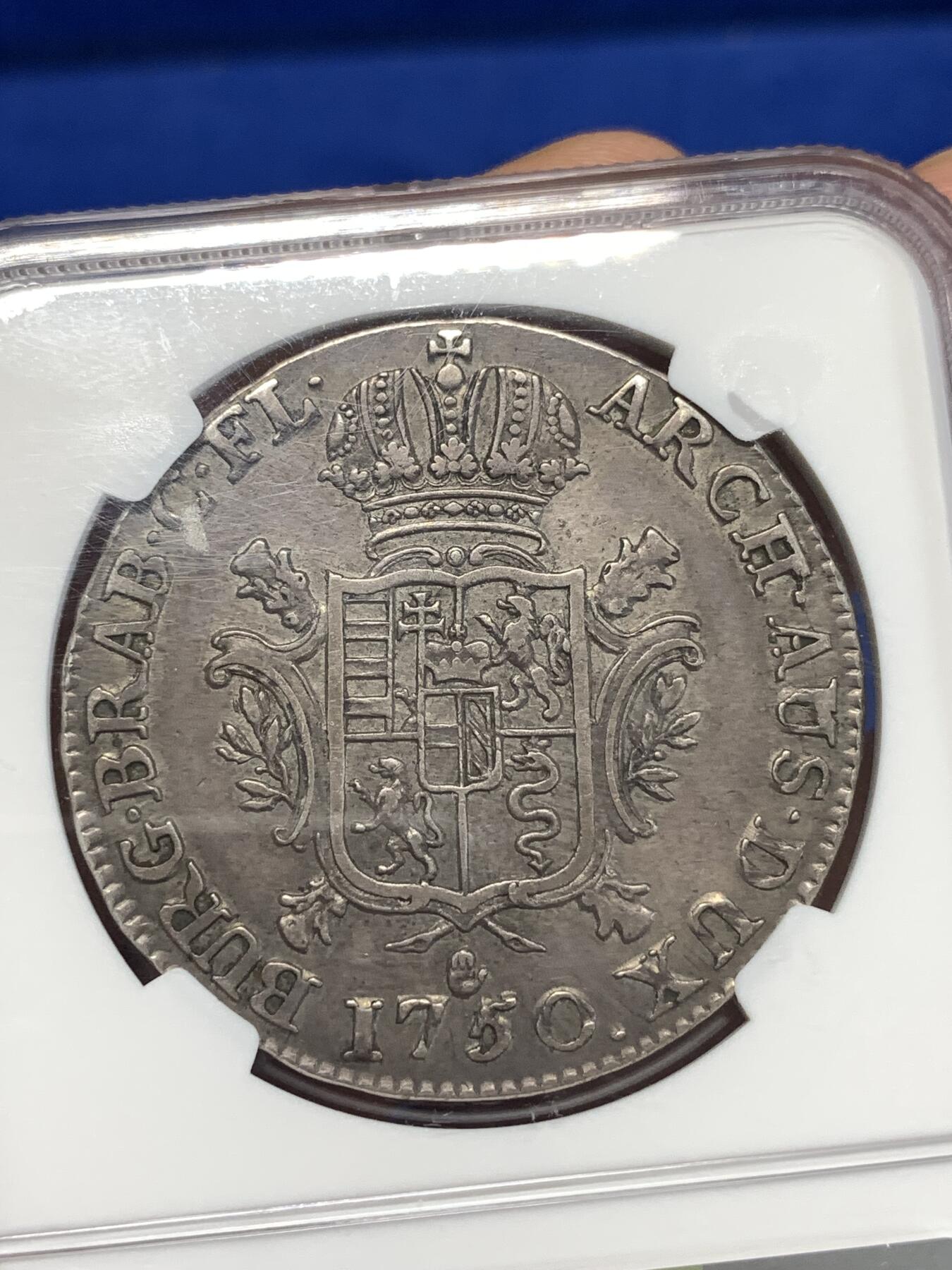 《竞宝斋》第276场- 周日，周一 2场连拍 （全场包邮） 季军分 NGC XF40 奥属尼德兰 1750 大奶妈 1杜卡特大银币 33.2克大规格 比同时期的奥属重很多 最高58分